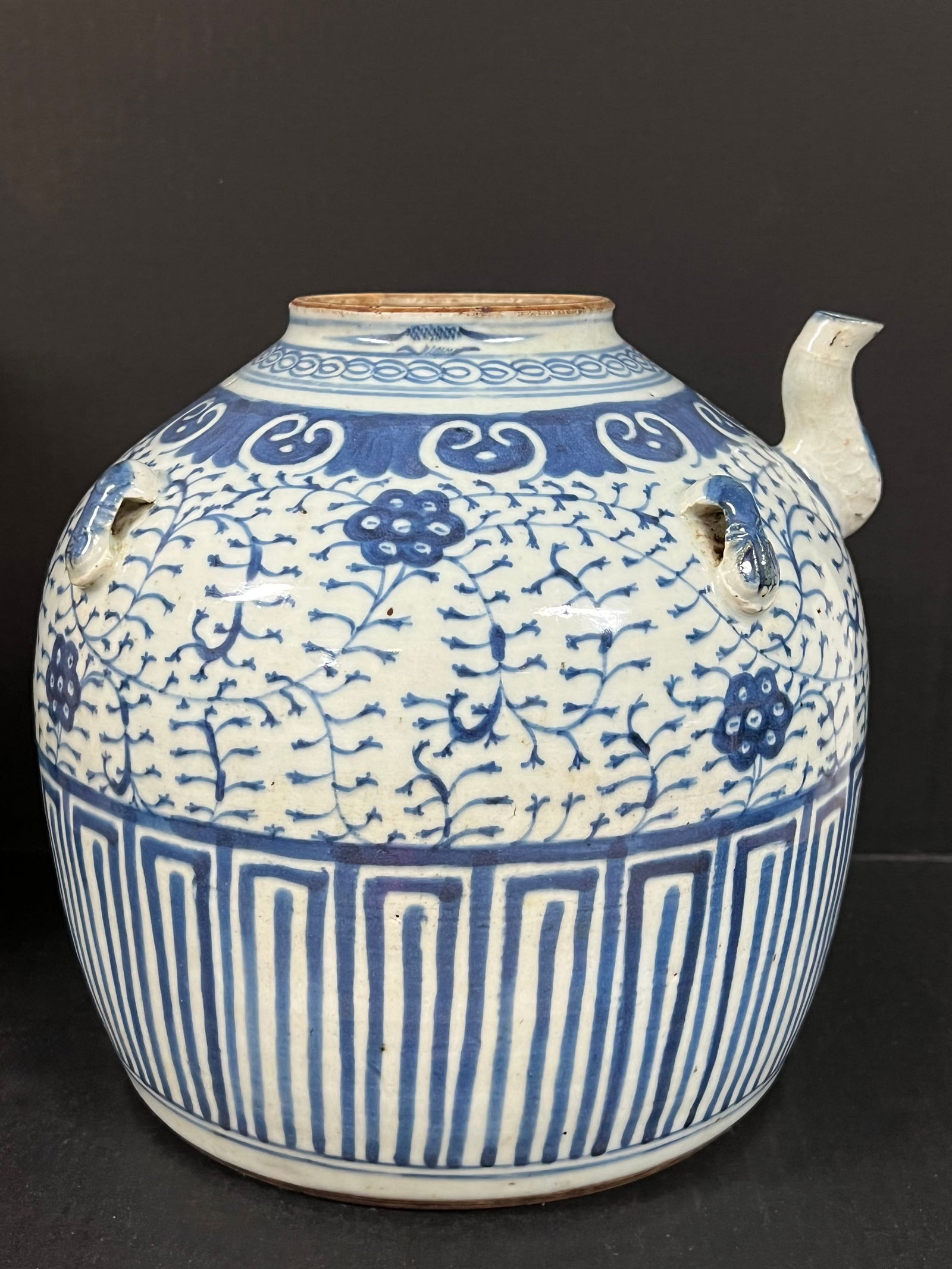 Porcelain Blue and White Jar: Chinese Art Porcelain Blue and White Jar. The dimension is 9 inches high x 9.5 inches wide. Please be aware that some of the items are vintage, secondhand, old ages, antiques and may have a defects or