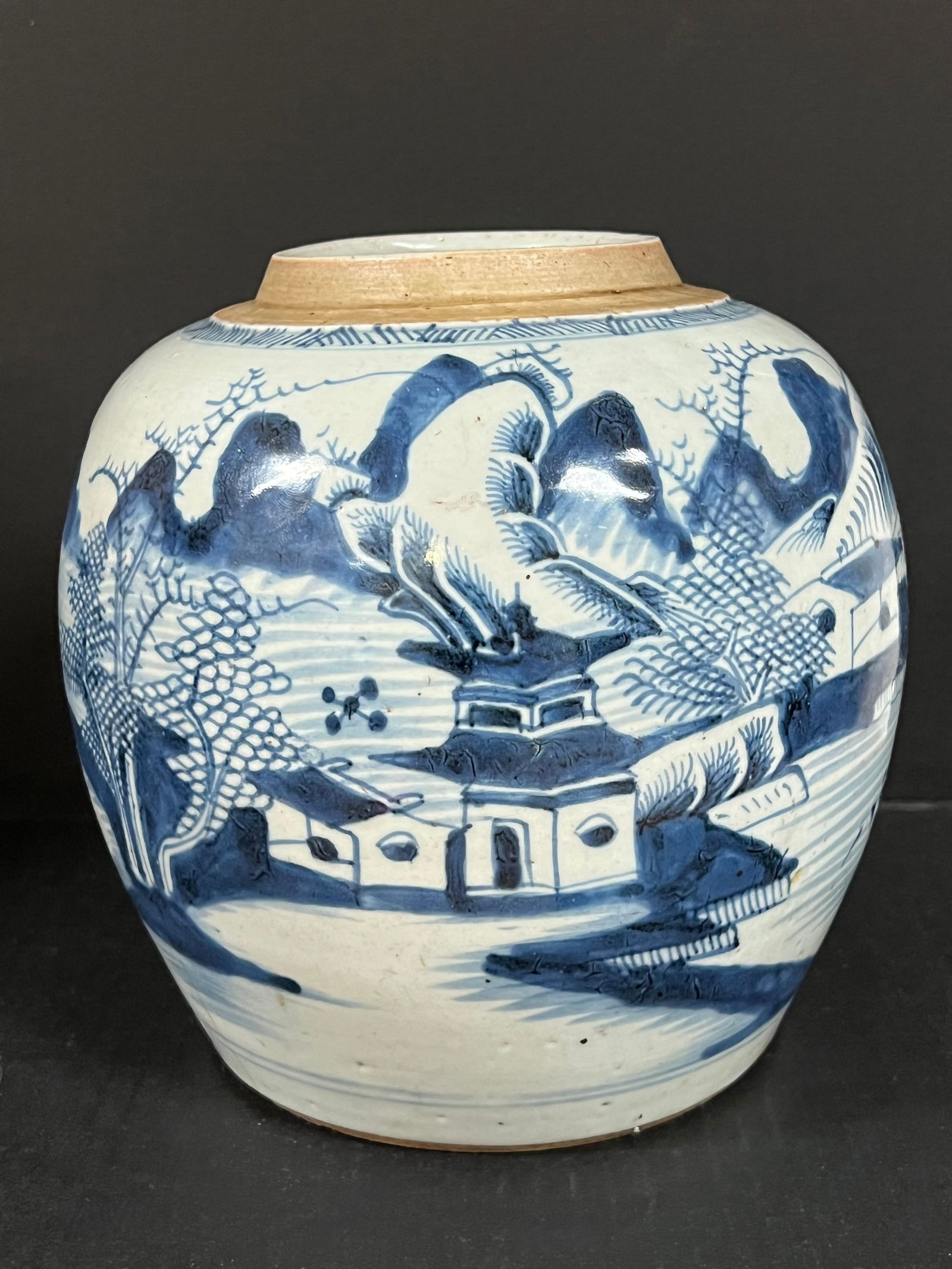 Porcelain Blue and White Jar: Chinese Art Porcelain Blue and White Jar. The dimension is 8.5 inches high x 8 inches wide. Please be aware that some of the items are vintage, secondhand, old ages, antiques and may have a defects or
