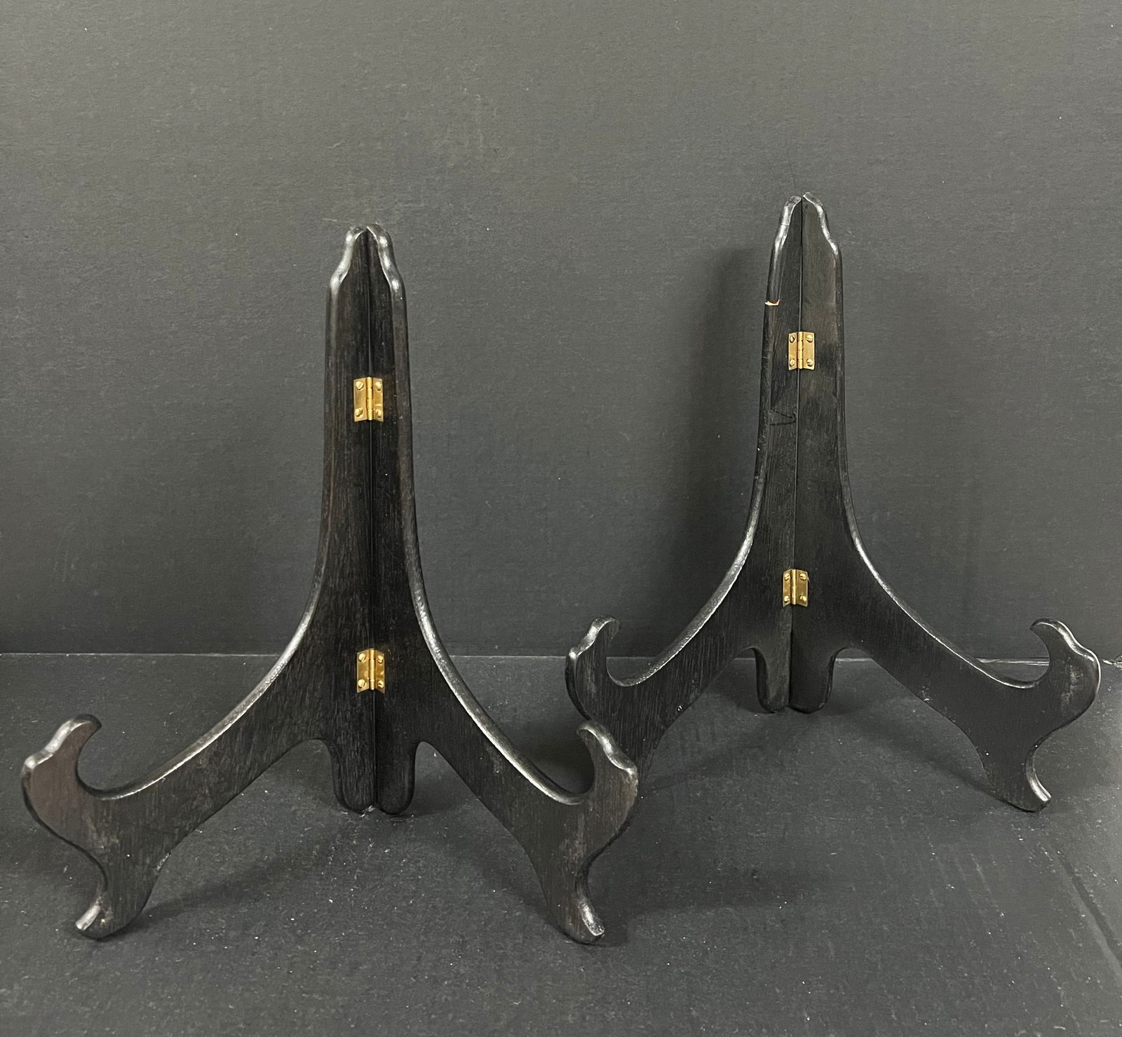 Plate Wooden Stand 2 pieces: Chinese Art Plate Wooden Stand. The dimension is 11 inches high x 9.5 inches wide. Please be aware that some of the items are vintage, secondhand, old ages, antiques and may have a defects or sign of