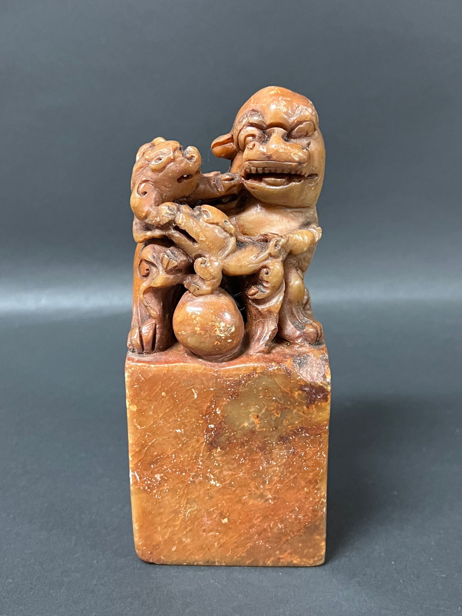 Soapstone Seal/Stamp: Chinese Art Soapstone Seal/Stamp. The dimension is 7 inches high x 3 inches wide. Please be aware that some of the items are vintage, secondhand, old ages, antiques and may have a defects or sign of