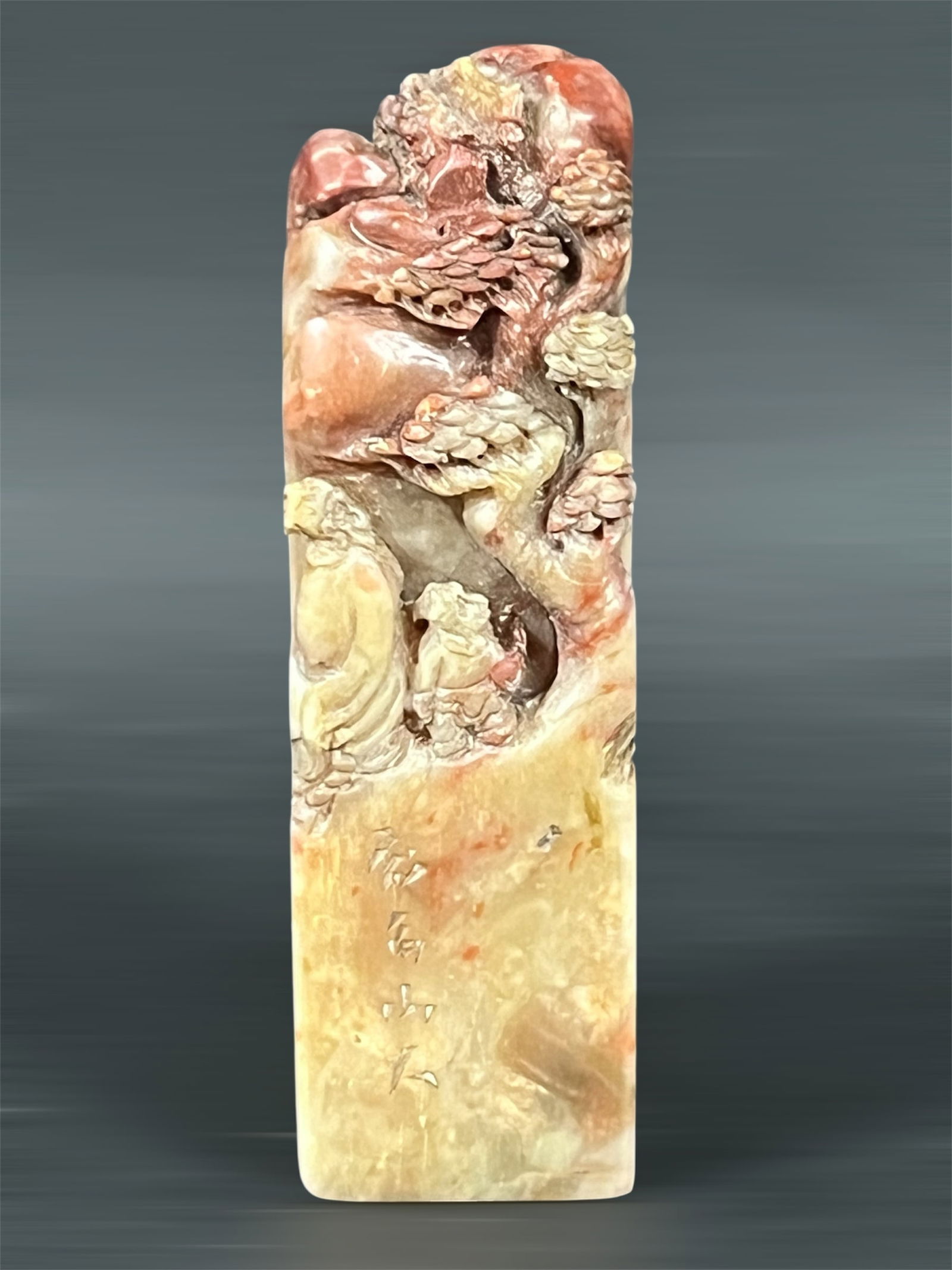 Soapstone Seal/Stamp: Chinese Art Soapstone Seal/Stamp. The dimension is 4.5 inches high x 1.5 inches wide. Please be aware that some of the items are vintage, secondhand, old ages, antiques and may have a defects or sign