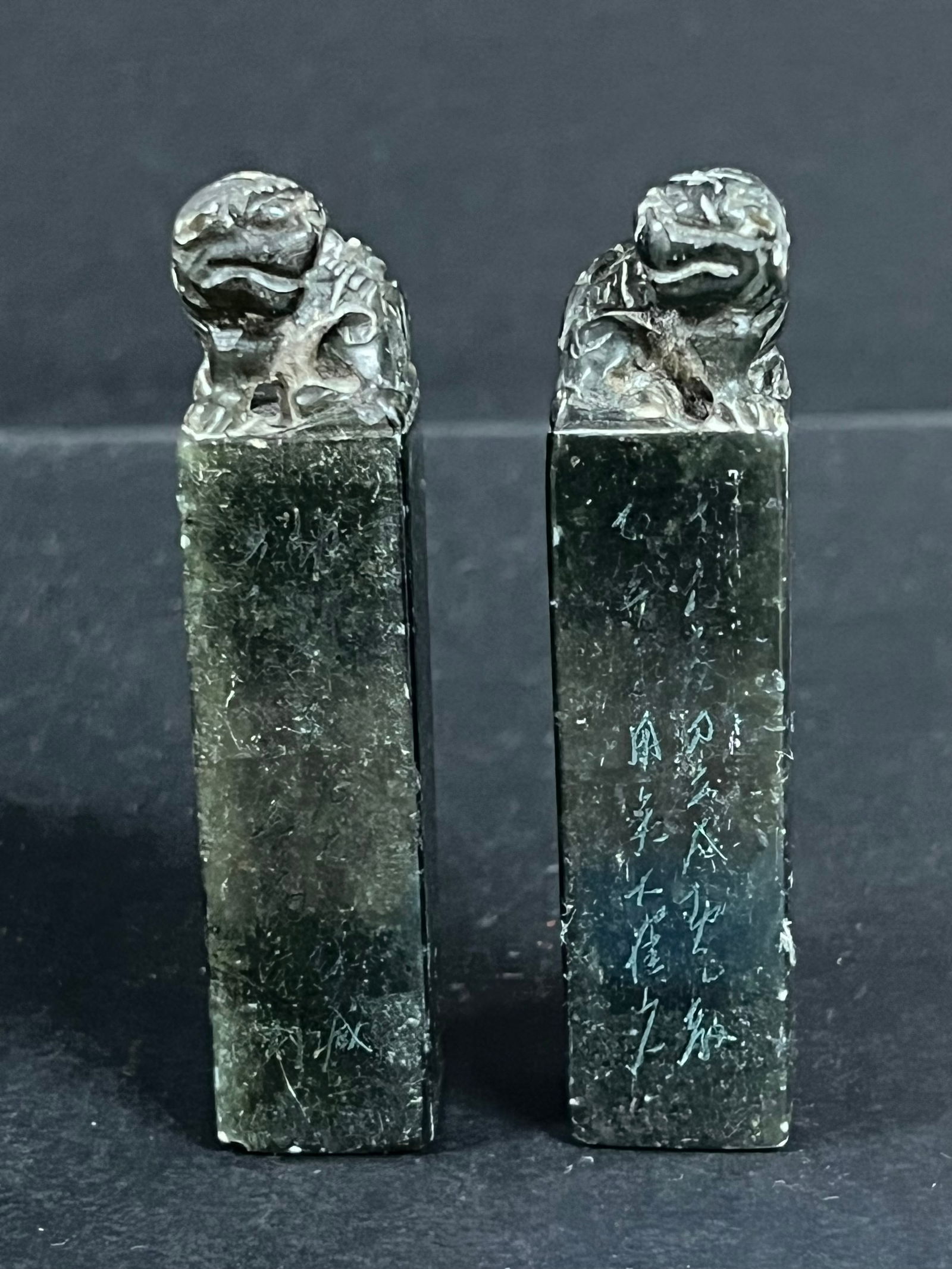 Soapstone Seal/Stamp 2 pieces: Chinese Art Soapstone Seal/Stamp. The dimension is 3.5 inches high x .75 inches wide. Please be aware that some of the items are vintage, secondhand, old ages, antiques and may have a defects or sign