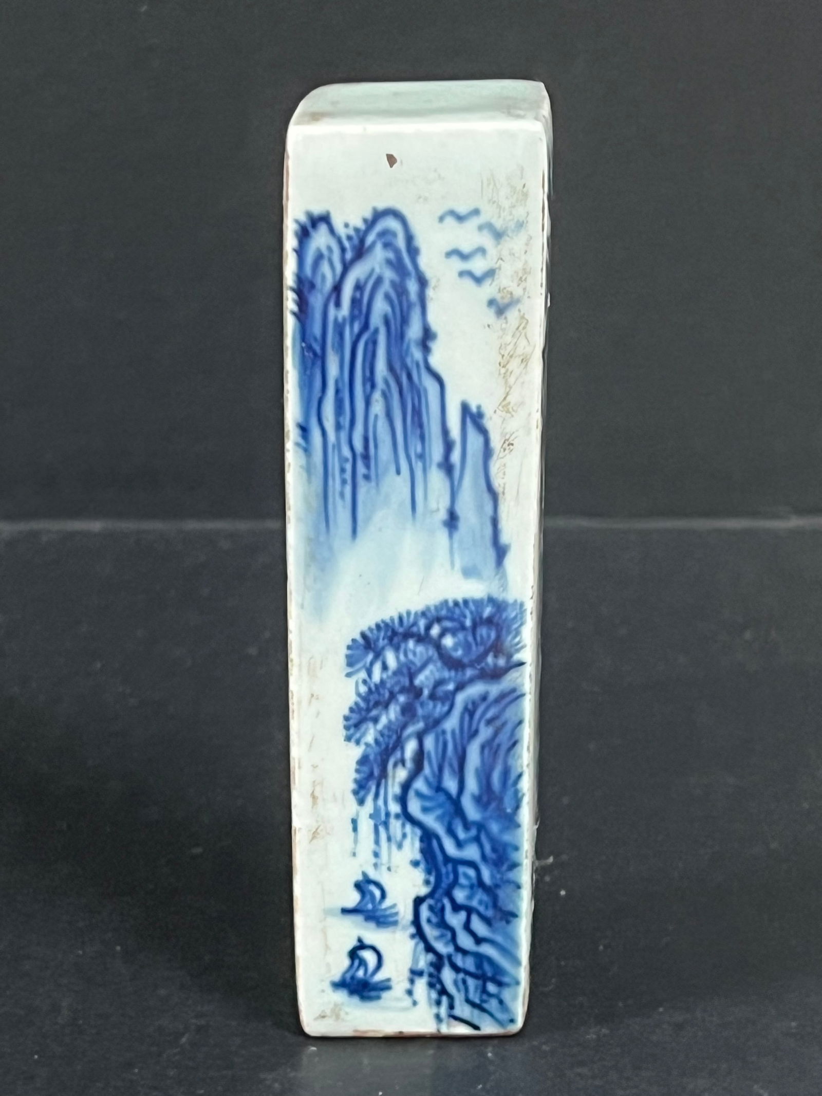 Blue and White Soapstone Seal/Stamp: Chinese Art Blue and White Soapstone Seal/Stamp. The dimension is 4.75 inches high x 1.25 inches wide. Please be aware that some of the items are vintage, secondhand, old ages, antiques and may have