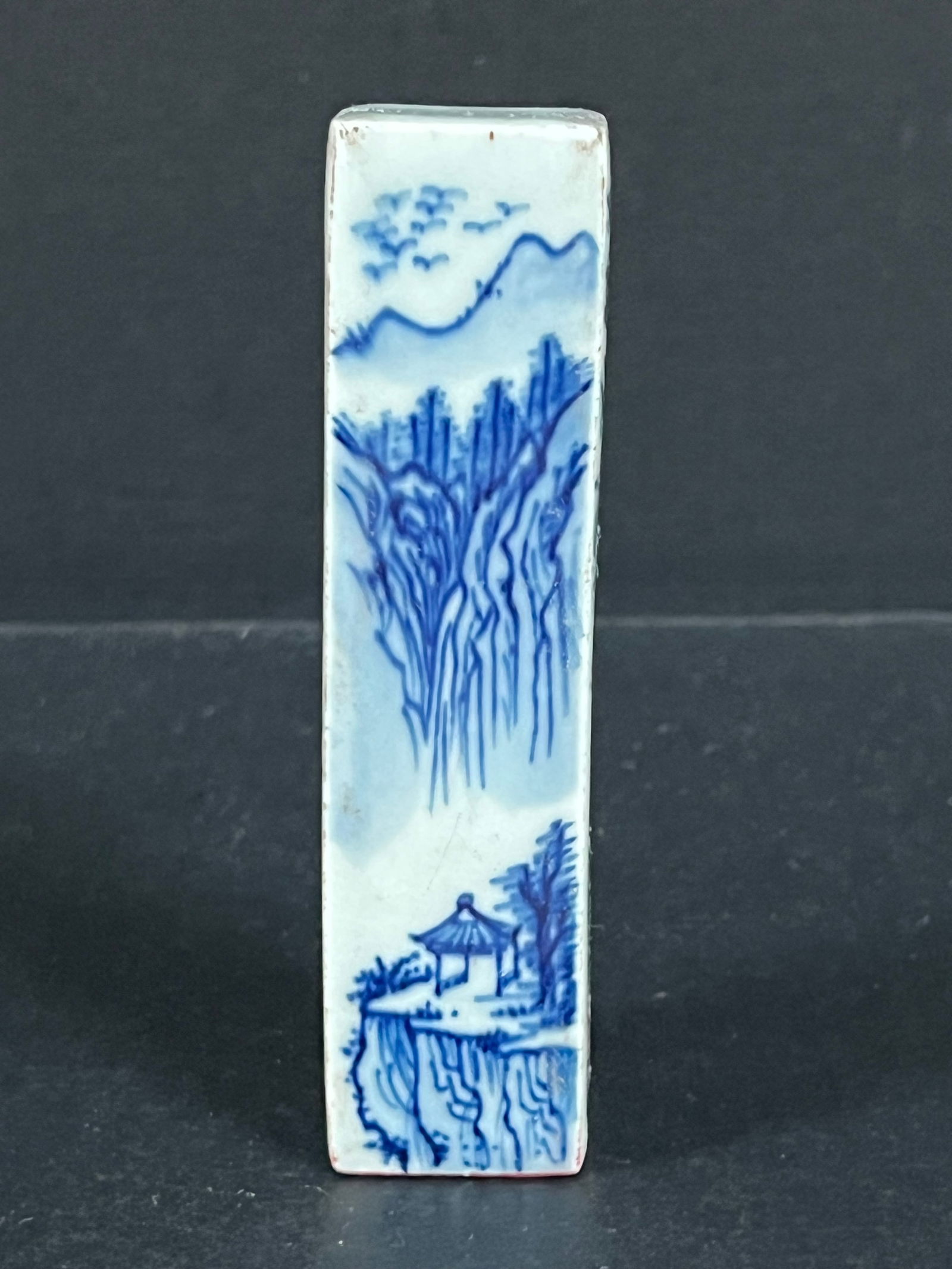 Blue and White Soapstone Seal/Stamp: Chinese Art Blue and White Soapstone Seal/Stamp. The dimension is 4.75 inches high x 1.25 inches wide. Please be aware that some of the items are vintage, secondhand, old ages, antiques and may have a