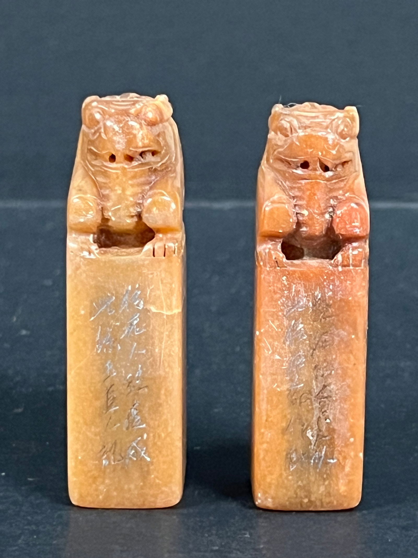 Soapstone Seal/Stamp 2 pieces: Chinese Art Soapstone Seal/Stamp. The dimension is 2.75 inches high x .75 inches wide. Please be aware that some of the items are vintage, secondhand, old ages, antiques and may have a defects or sign