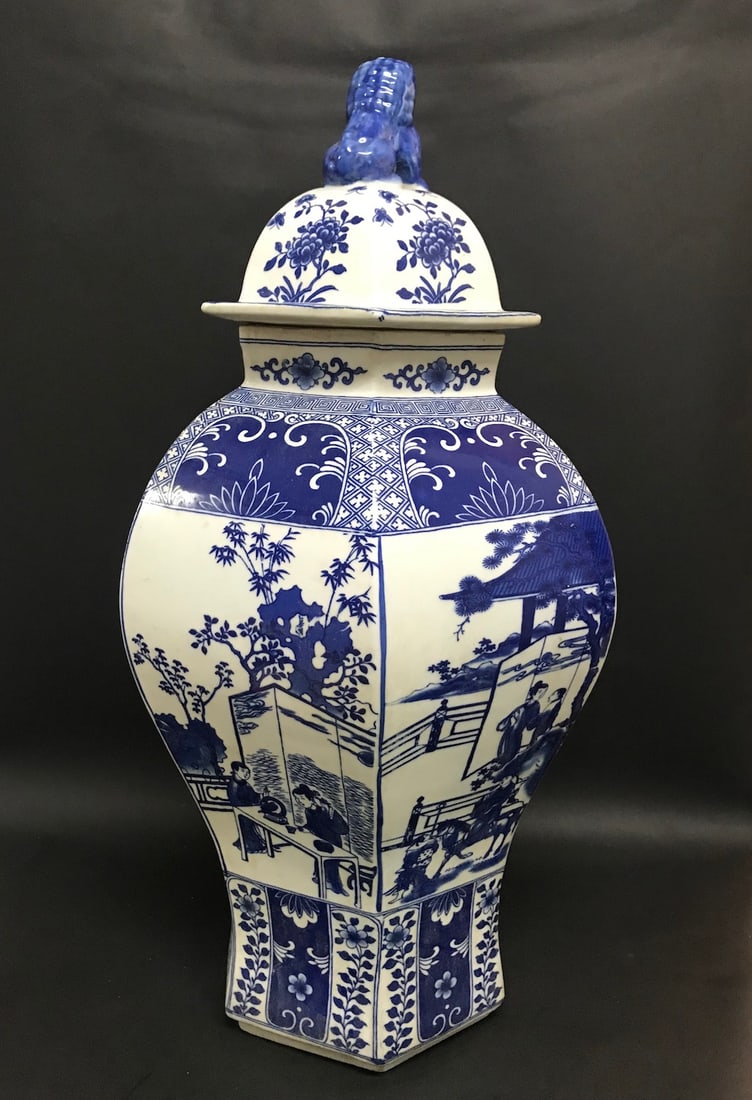 Porcelain Blue and White Vase: Chinese Art Porcelain Blue and White Vase. The dimension is 24 inches high x 12 inches wide. Please be aware that some of the items are vintage, secondhand, old ages, antiques and may have a defects