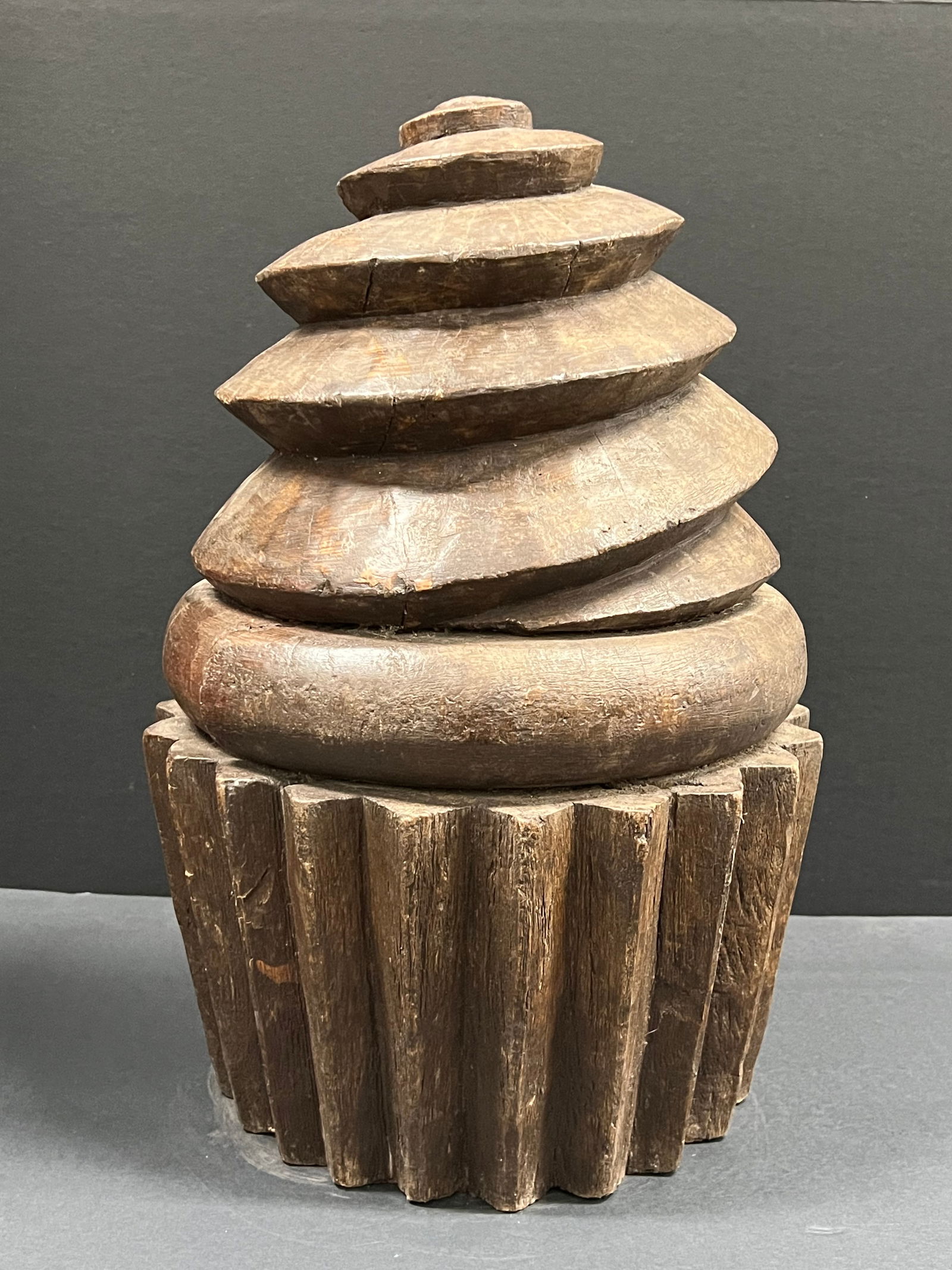 Large Carved Wood Cupcake Sculpture: Folk Art Carved Wood Large Cupcake Sculpture. The dimension is 20 inches high x 14 inches depth x 14 inches wide. Please be aware that some of the items are vintage, secondhand, old ages, antiques