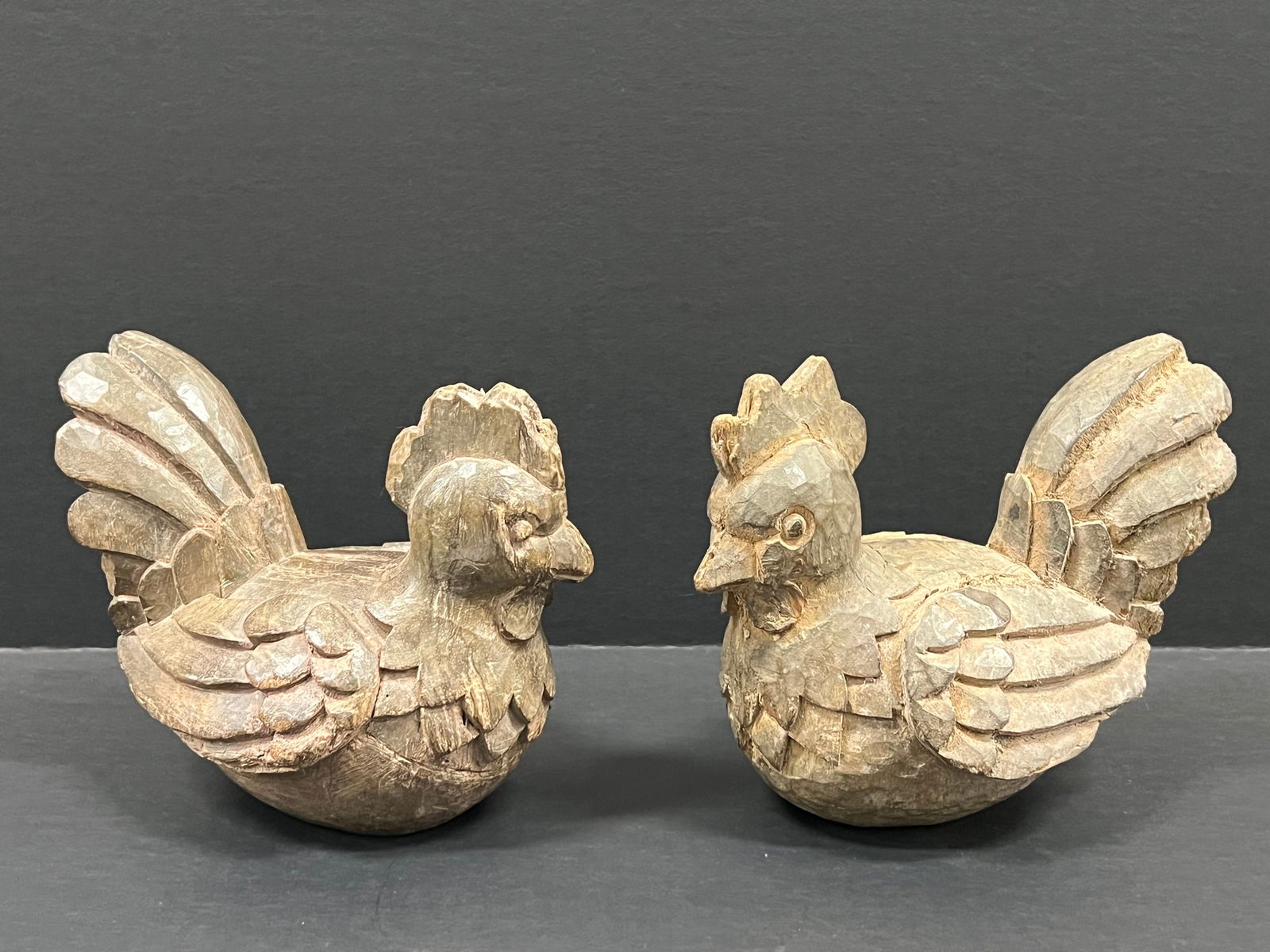 Carved Wood Chicken 2 pieces: Folk Art Carved Wood Chicken. The dimension is 6.25 inches high x 7.5 inches wide. Please be aware that some of the items are vintage, secondhand, old ages, antiques and may have a defects or sign of