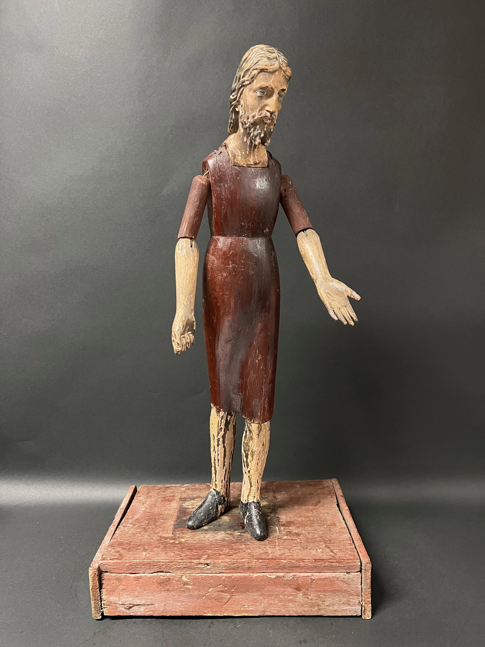 19th Century Carved Wood Articulated Hand Male Mannequin Saint Joseph: Religious Art 19th Century Carved Wood Articulated Hand Male Mannequin Saint Joseph. The dimension is 25 inches high x 8 inches depth x 12.5 inches wide. Please be aware that some of the items are vin