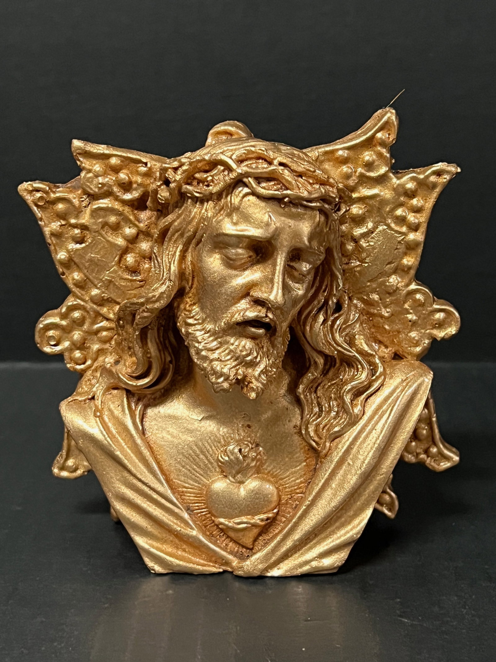Philippine Cast Mount Pinatubo and Taal Volcano Ash Gold Painted Icon of Jesus Christ Decor: Religious Art Philippine Cast Mount Pinatubo and Taal Volcano Ash Gold Painted Icon of Jesus Christ Decor. The dimension is 4.5 inches high x 2 inches depth x 4.5 inches wide. Please be aware that som