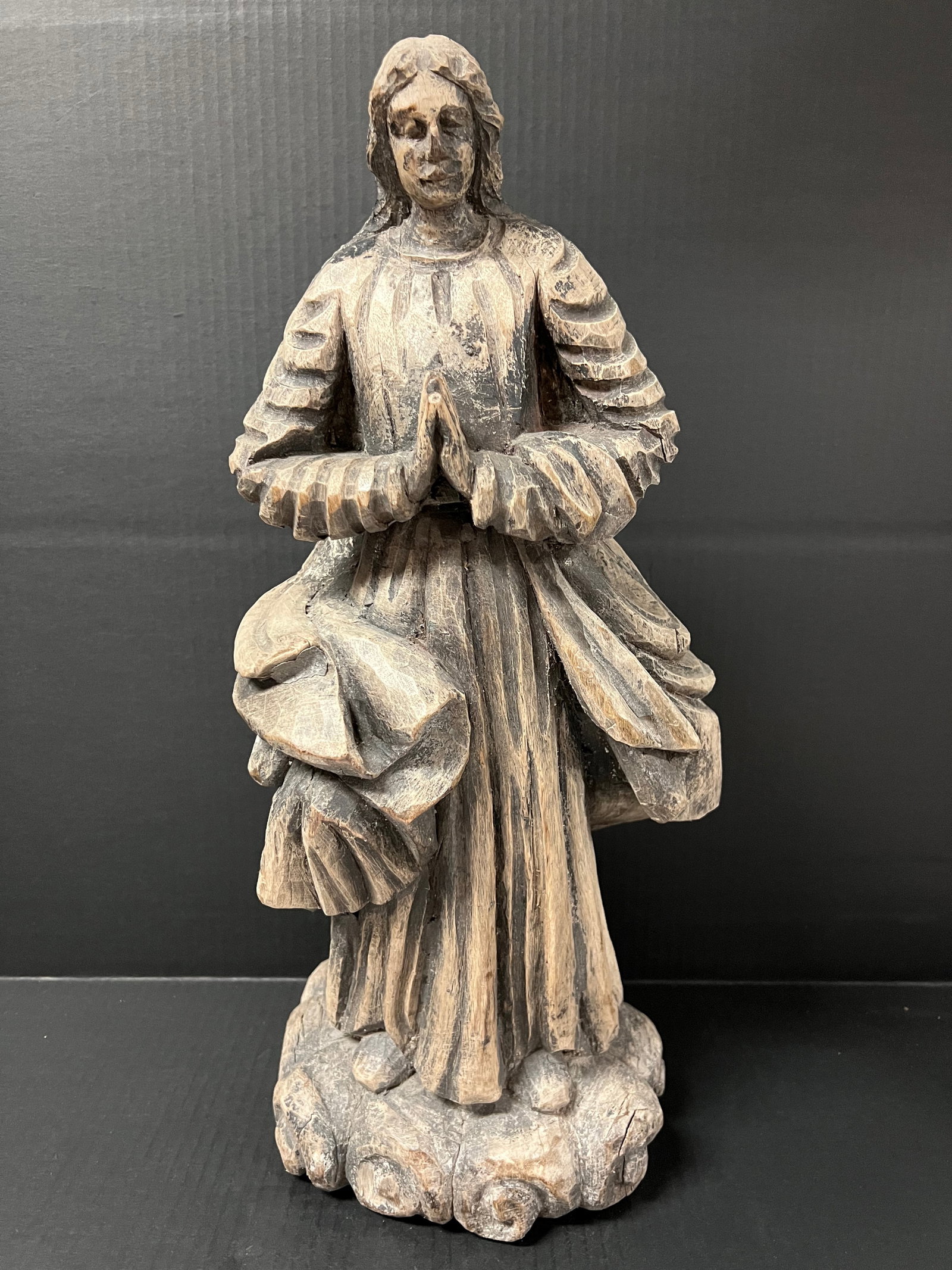 Carved Wood Blessed Virgin Mary: Religious Art Philippine Carved Wood Blessed Virgin Mary. The dimension is 21 inches high x 8 inches depth x 9 inches wide. Please be aware that some of the items are vintage, secondhand, old ages, an