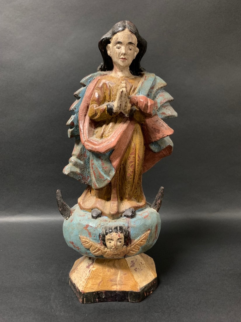 Carved Wood Blessed Virgin Mary: Religious Art Philippine Carved Wood Blessed Virgin Mary. The dimension is 17 inches high x 7 inches wide. Please be aware that some of the items are vintage, secondhand, old ages, antiques and may ha