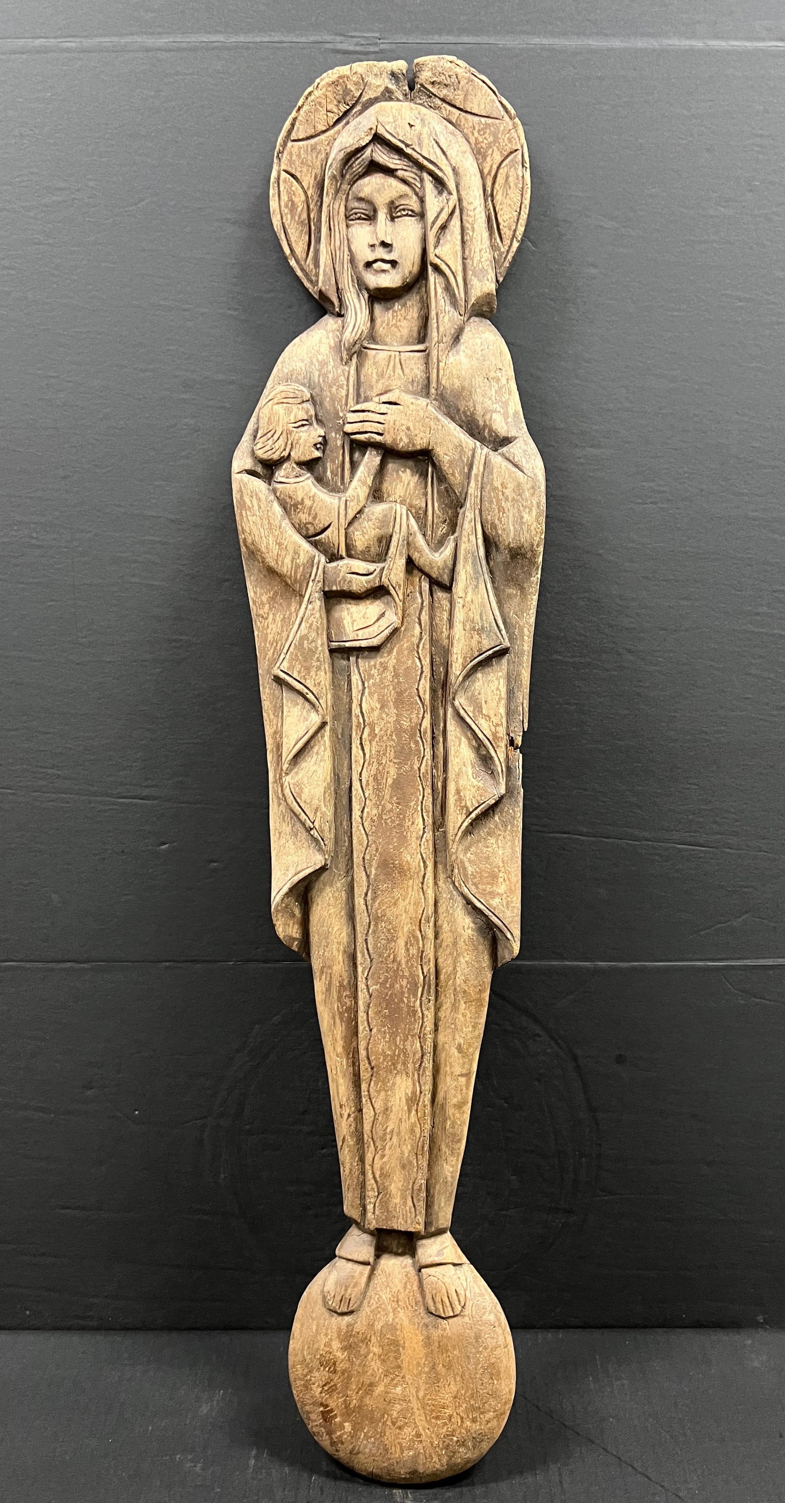 Carved Wood Blessed Virgin Mary and Jesus Christ Plaque: Religious Art Philippine Carved Wood Blessed Virgin Mary and Jesus Christ. The dimension is 35.5 inches high x .5 inch depth x 8 inches wide. Please be aware that some of the items are vintage, second