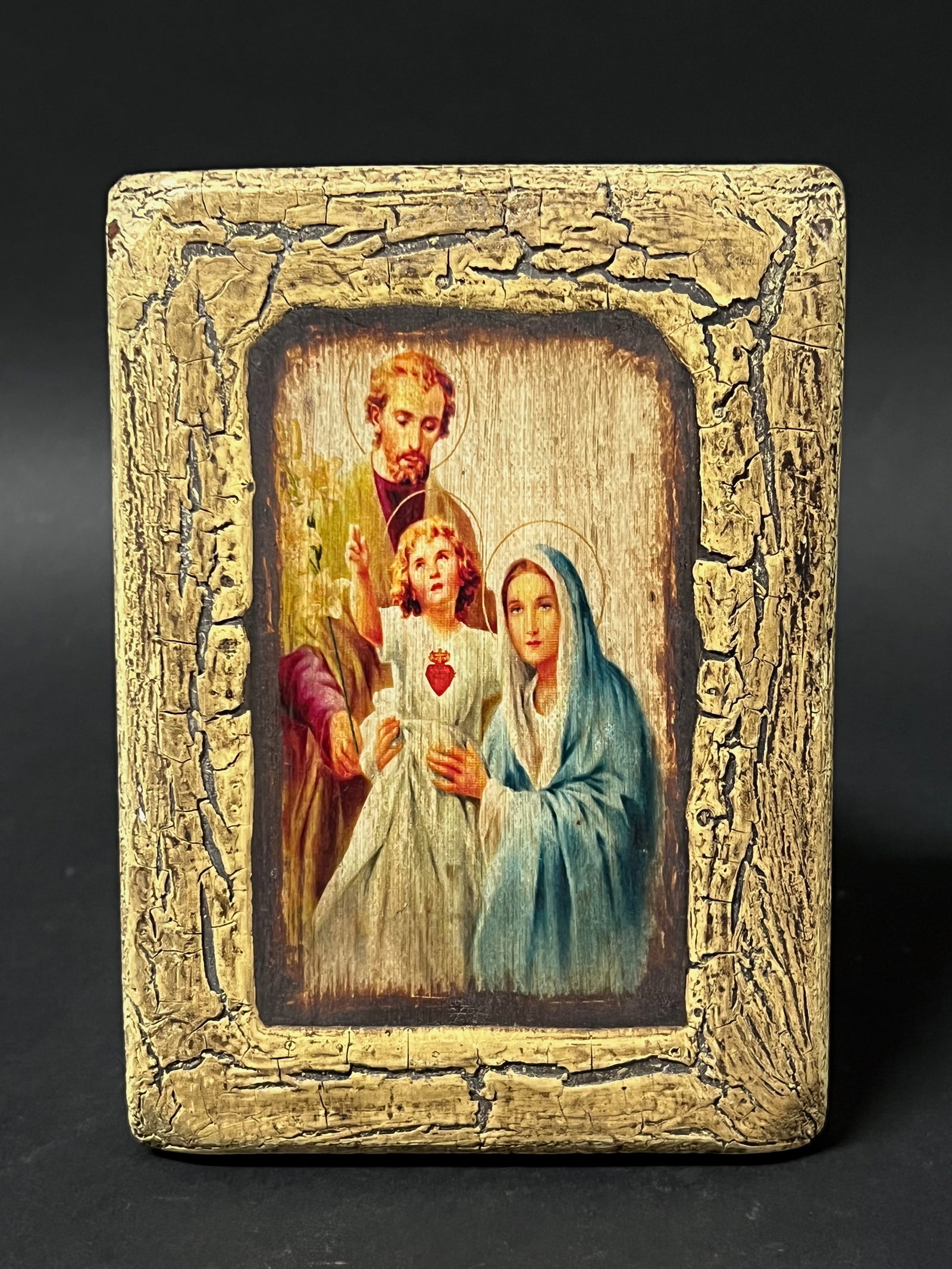 Carved Wood and Printed Icon of Holy Family: Religious Art Philippine Carved Wood and Printed Icon of Holy Family. The dimension is 5.5 inches high x 4.25 inches wide. Please be aware that some of the items are vintage, secondhand, old ages, ant