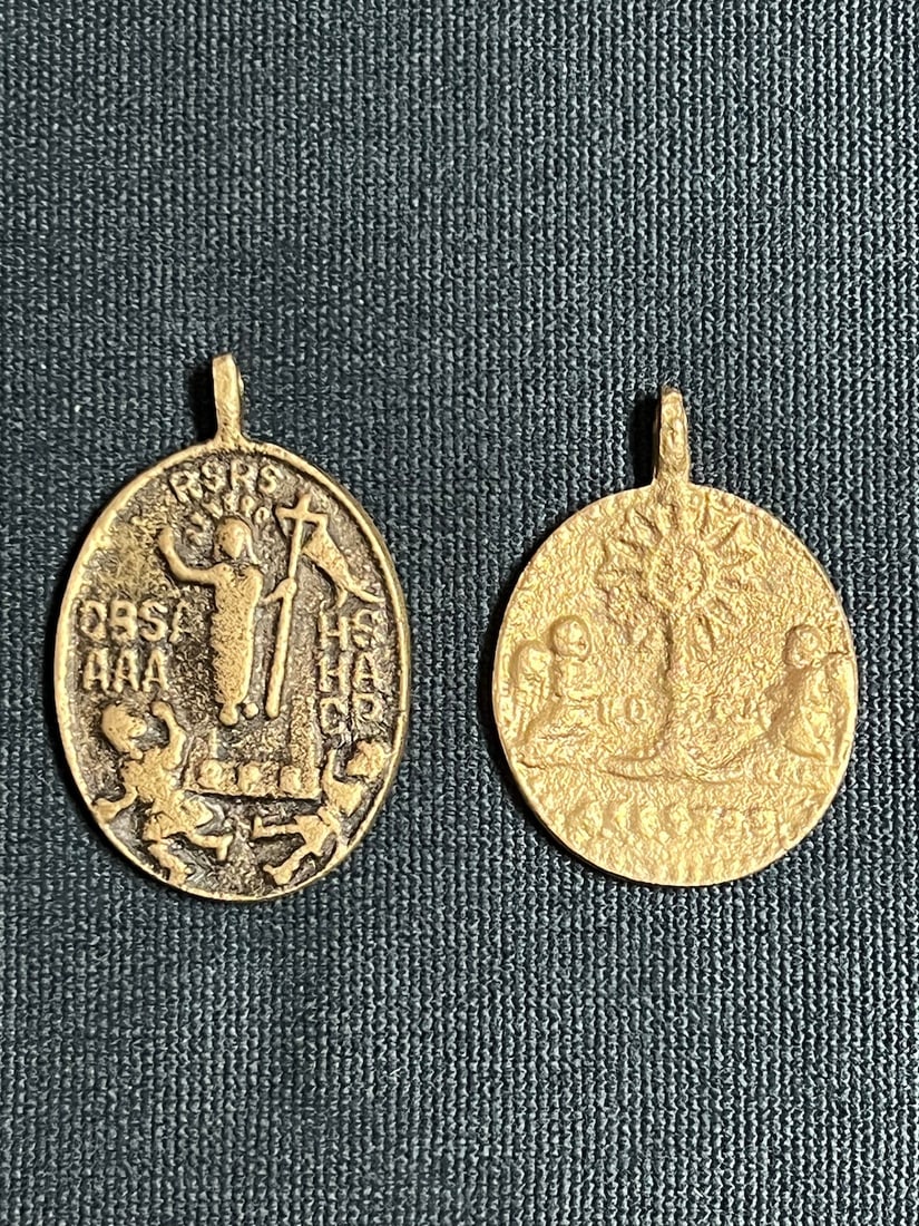 Set of 2 Amulet Medal: Religious Art Philippine Amulet Medal. The dimension is estimated 2.25 inches high x 1.5 inches wide and 2.25 inches high x 1.55 inches wide. Please be aware that some of the items are vintage, second