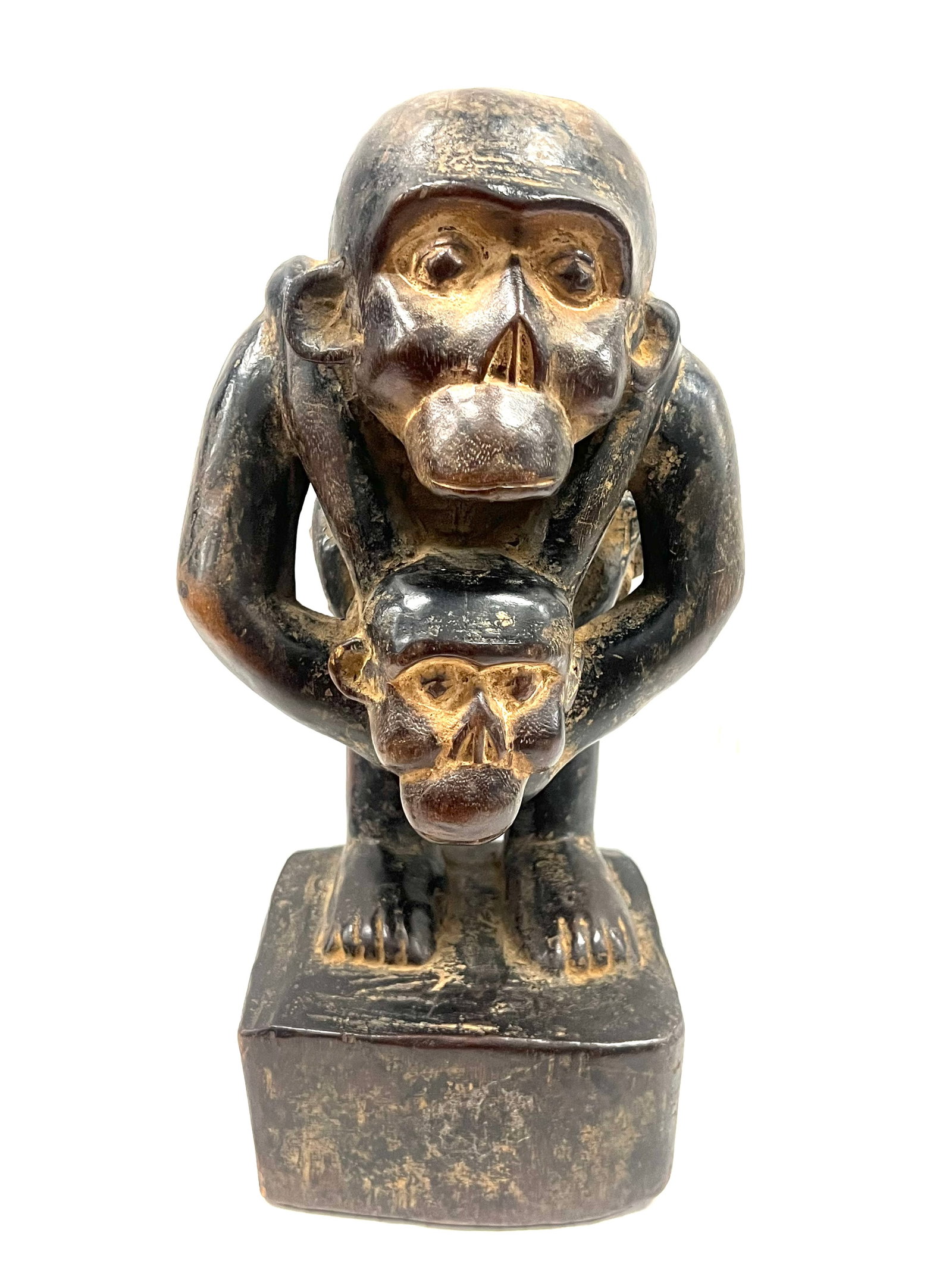 Bulu Monkey Sculpture: African Tribal Art Bulu Monkey Sculpture. The dimension is 14 inches high x 7 inches wide. Please be aware that some of the items are vintage, secondhand, old ages, antiques and may have a defects or