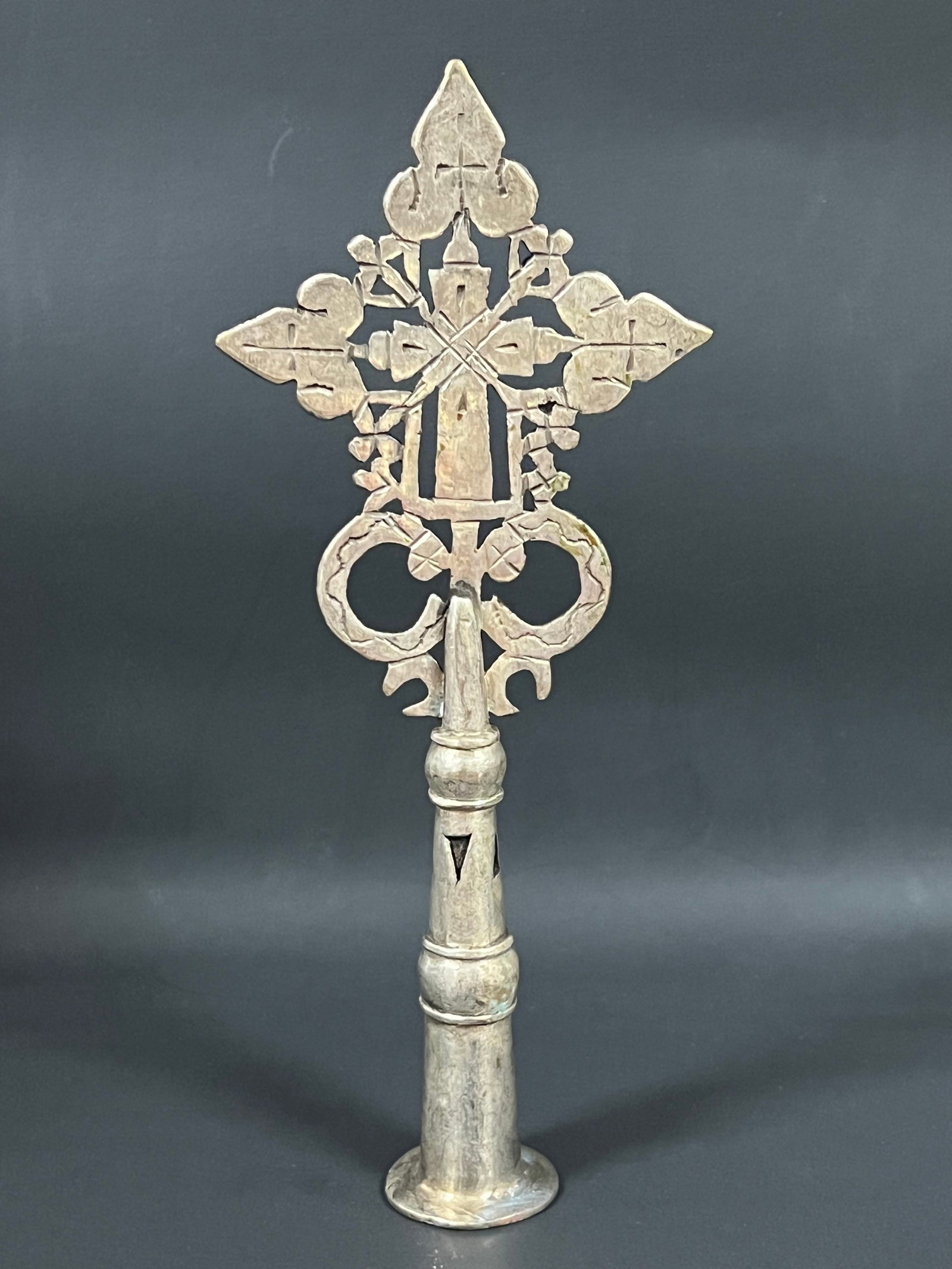 Ethiopian Processional Coptic Cross: African Tribal Art Ethiopian Processional Coptic Cross. The dimension is 9 inches high x 3.75 inches wide. Please be aware that some of the items are vintage, secondhand, old ages, antiques and may