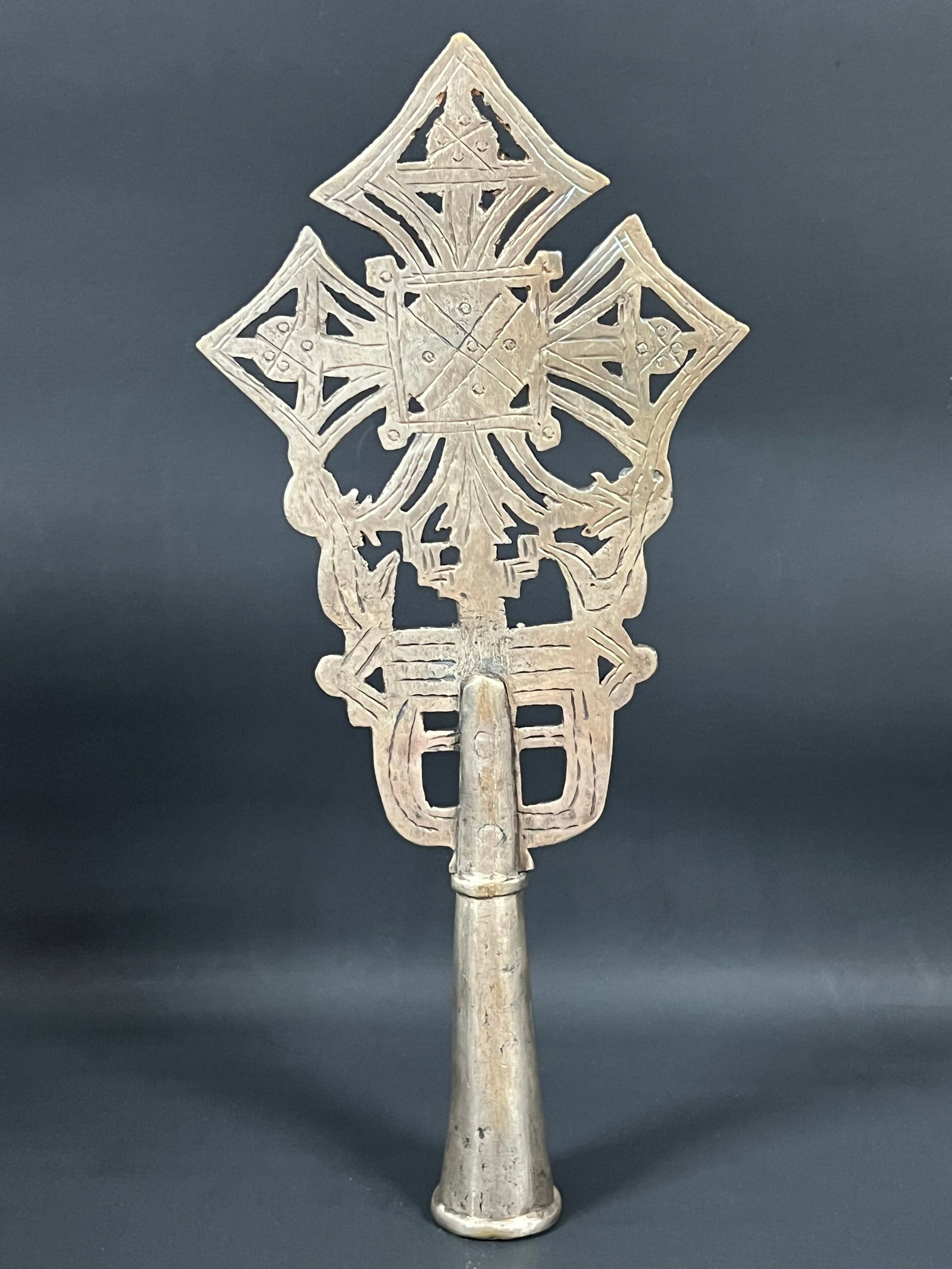 Ethiopian Processional Coptic Cross: African Tribal Art Ethiopian Processional Coptic Cross. The dimension is 12.75 inches high x 5.75 inches wide. Please be aware that some of the items are vintage, secondhand, old ages, antiques and
