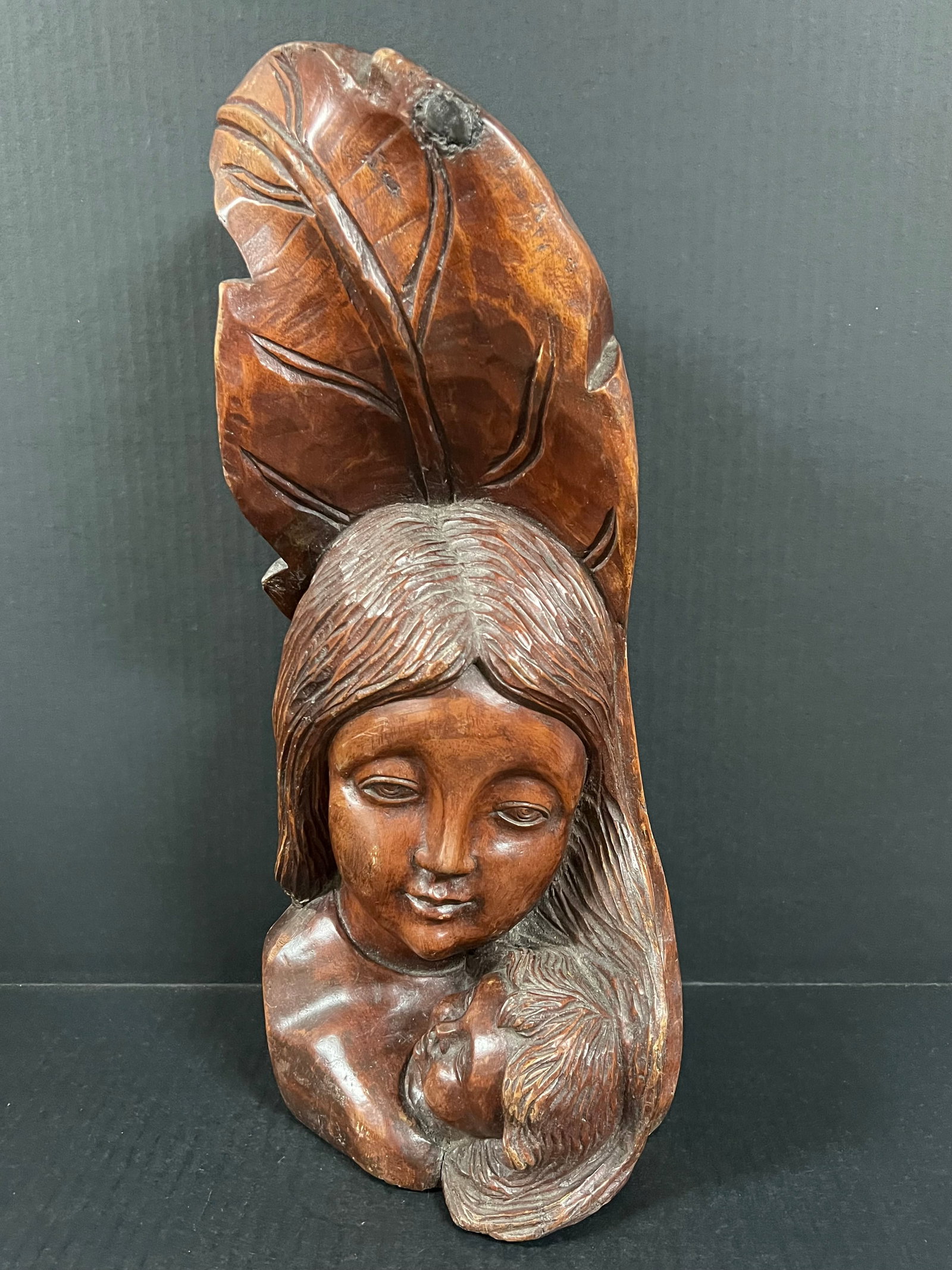 Madonna and Child Statue: Religious Art Carved Wood Madonna and Child Statue. The dimension is 18 inches high x 8 inches wide. Please be aware that some of the items are vintage, secondhand, old ages, antiques and may have a d