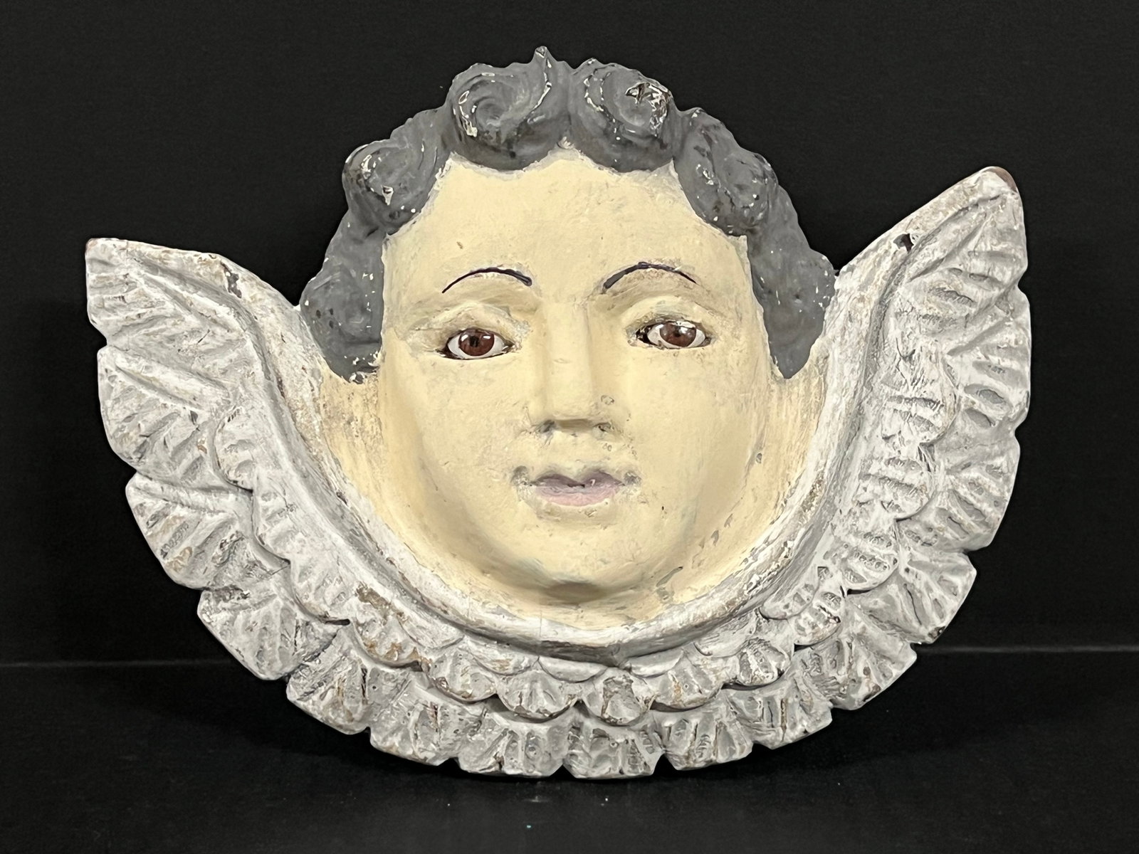 Carved Wood Cherub: Religious Art Carved Wood Cherub. The dimension is 6.5 inches high x 2 inches depth x 8.75 inches wide. Please be aware that some of the items are vintage, secondhand, old ages, antiques and may have 