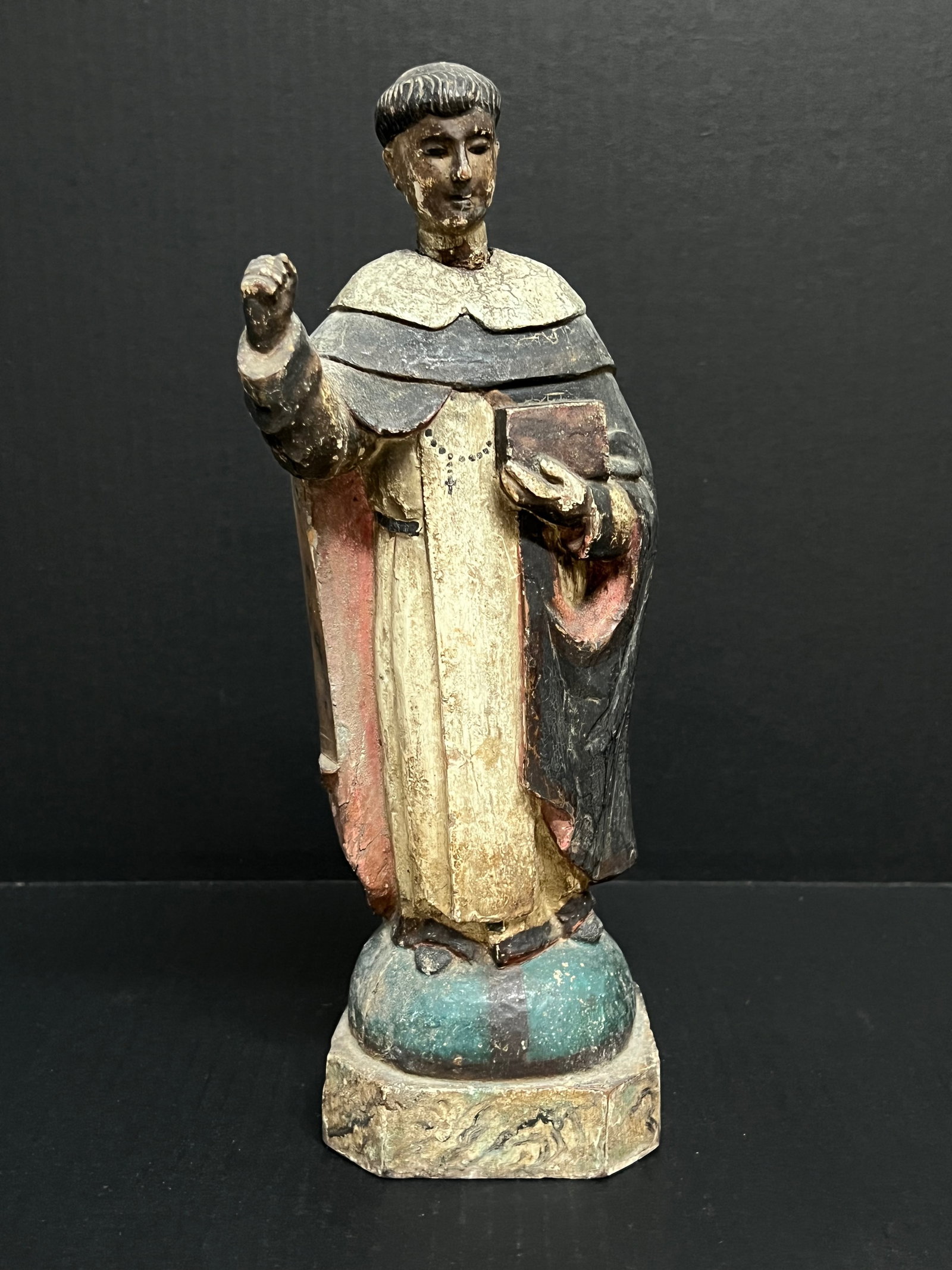 19th Century Carved Wood Colonial Saint: Religious Art 19th Century Carved Wood Colonial Saint. The dimension is 13 inches high x 4 inches wide. Please be aware that some of the items are vintage, secondhand, old ages, antiques and may have 