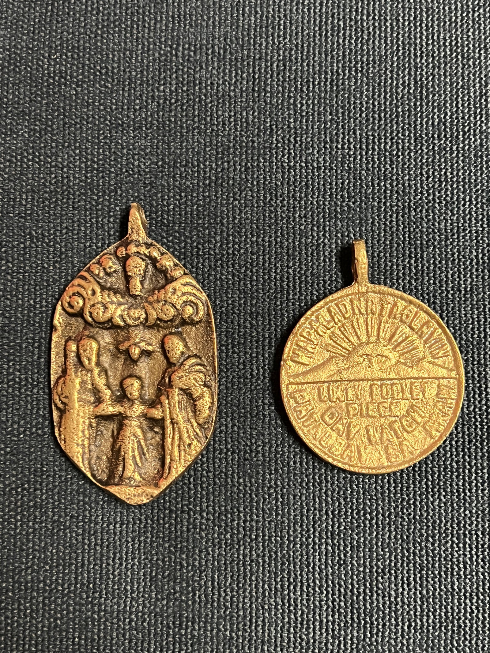 Set of 2 Cast Brass Metal Medal/Amulet: Religious Art Set of 2 Cast Brass Metal Medal/Amulet. The dimension is 2.5 inches high x 1.25 inches wide and 1.75 inches high x 1.5 inches wide. Please be aware that some of the items are vintage, se