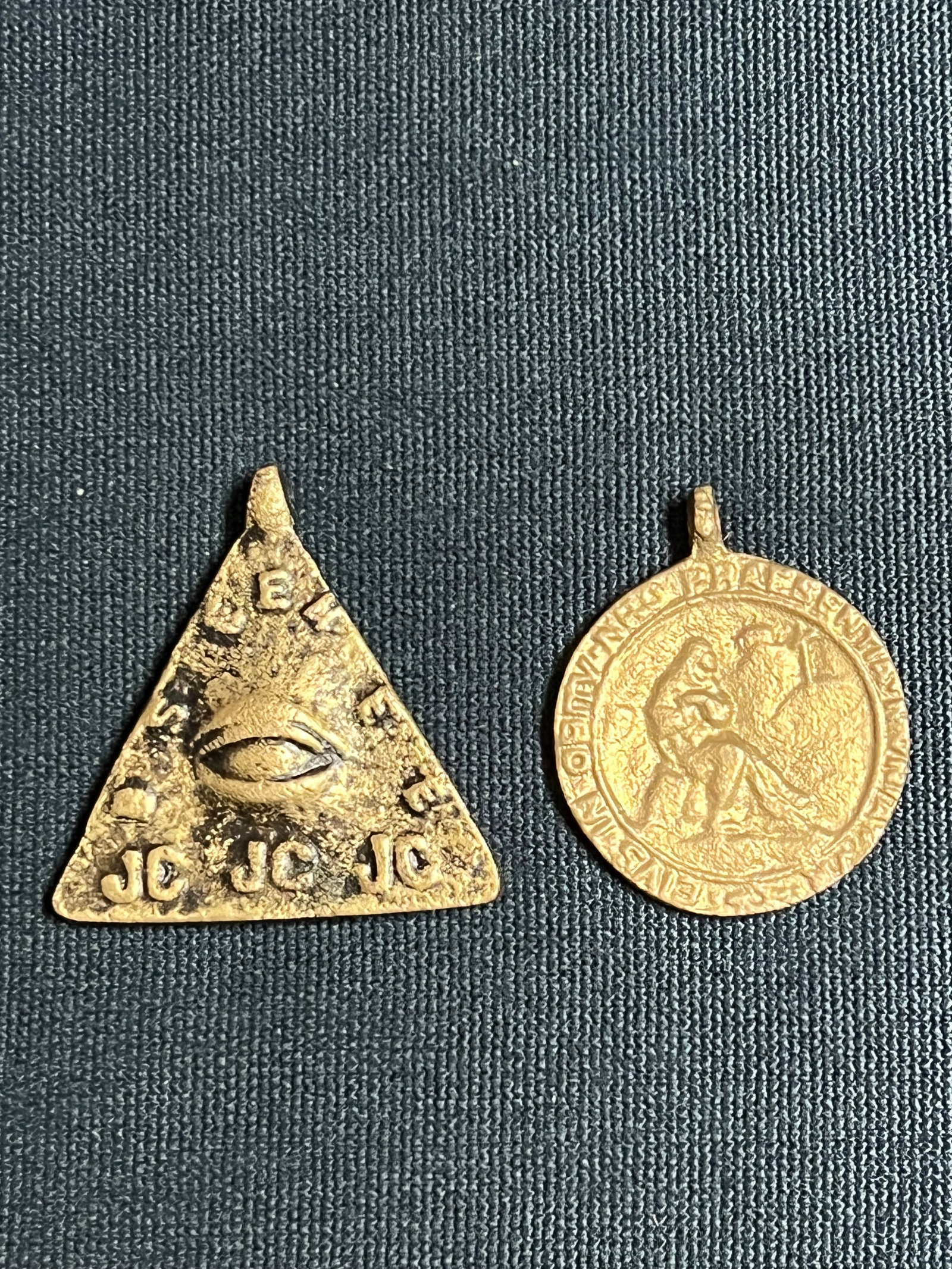Set of 2 Cast Brass Metal Medal/Amulet: Religious Art Set of 2 Cast Brass Metal Medal/Amulet. The dimension is 2 inches high x 2 inches wide and 2 inches high x 1.5 inches wide. Please be aware that some of the items are vintage, secondhand