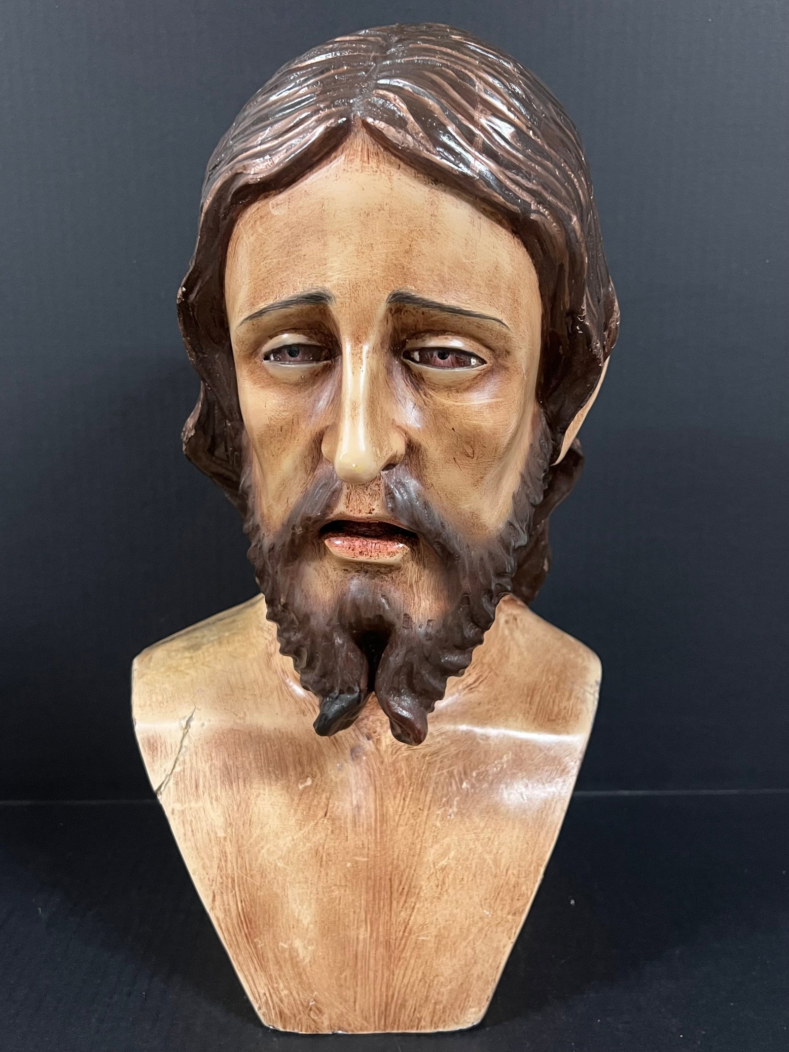 Large Carved Wood Saint Thomas Head Sculpture: Religious Art Carved Wood Saint Thomas Head Sculpture. The dimension is 17.5 inches high x 10 inches depth x 11 inches wide. Please be aware that some of the items are vintage, secondhand, old ages, a