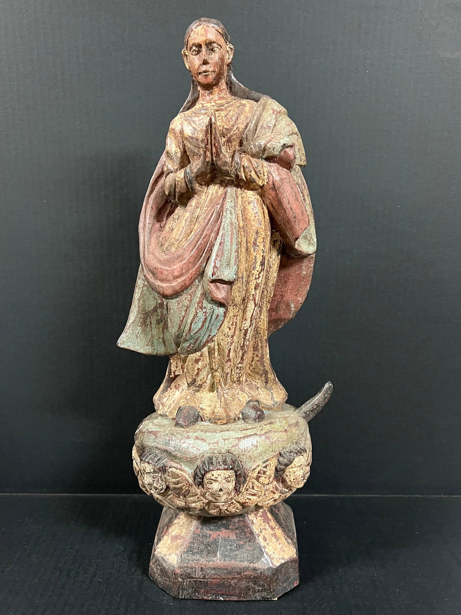 Carved Wood Blessed Virgin Mary Sculpture: Religious Art Carved Wood Blessed Virgin Mary Sculpture. The dimension is 20 inches high x 6.5 inches depth x 8 inches wide. Please be aware that some of the items are vintage, secondhand, old ages, a