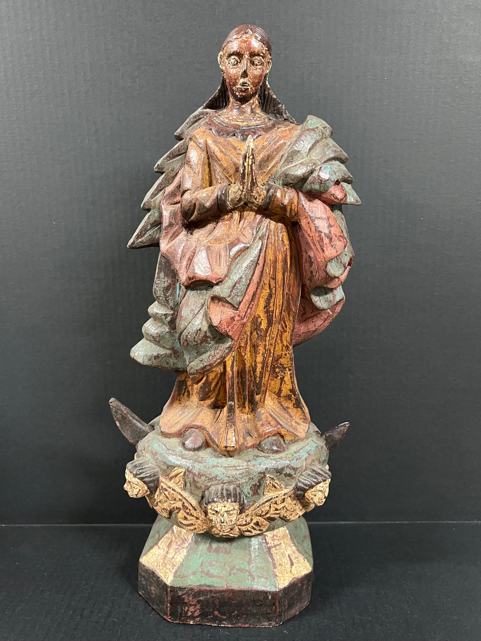 Carved Wood Blessed Virgin Mary Sculpture: Religious Art Carved Wood Blessed Virgin Mary Sculpture. The dimension is 20 inches high x 8.5 inches wide. Please be aware that some of the items are vintage, secondhand, old ages, antiques and may