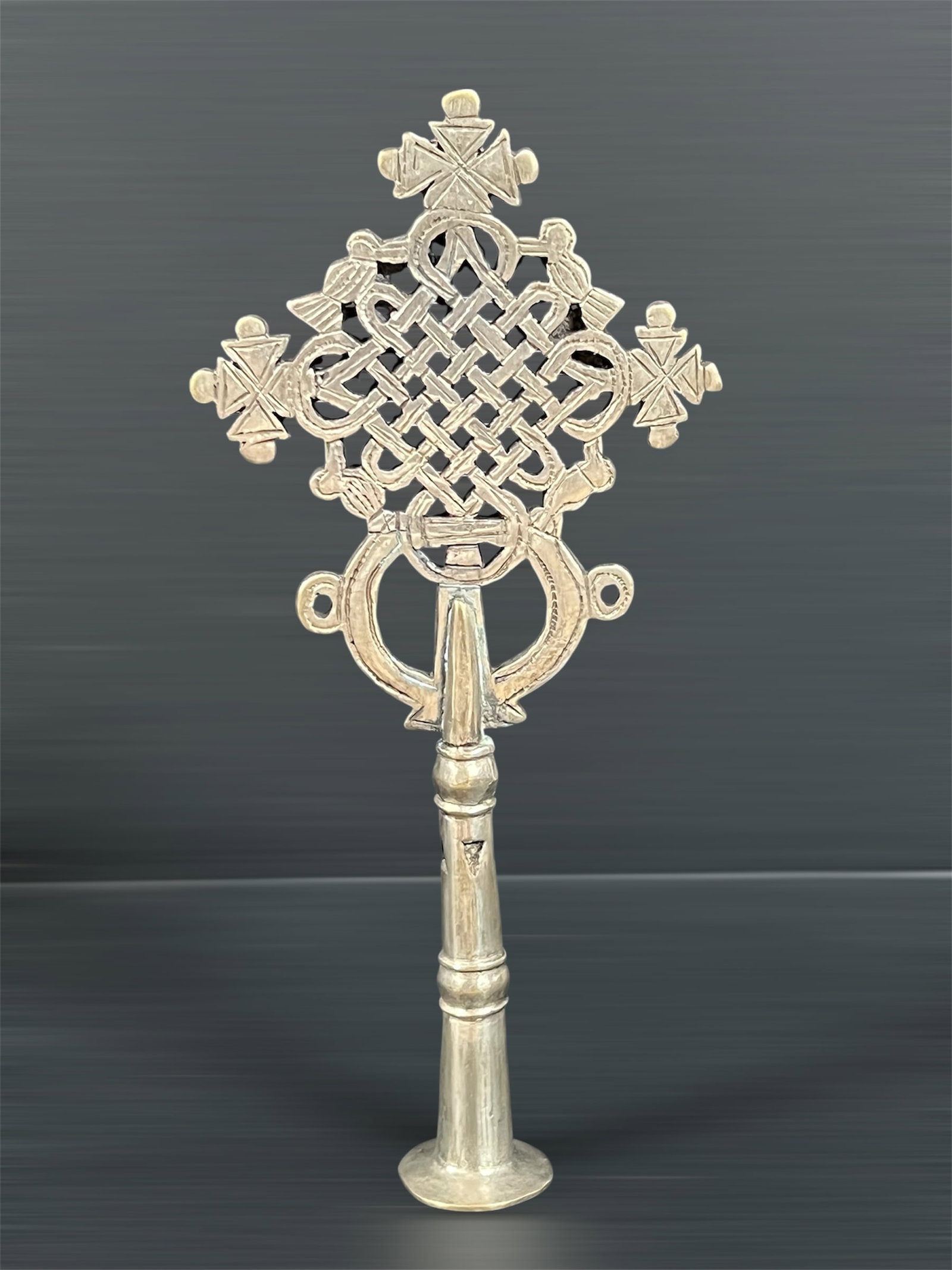 Ethiopian Processional Coptic Cross: African Tribal Art Ethiopian Processional Coptic Cross. The dimension is 8.5 inches high x 4 inches wide. Please be aware that some of the items are vintage, secondhand, old ages, antiques and may