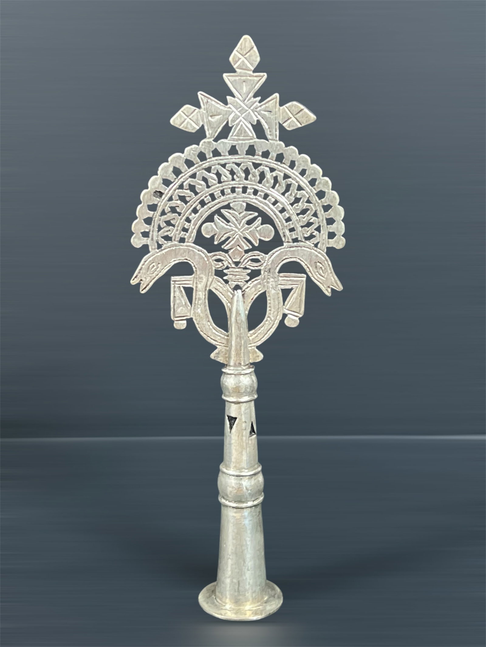 Ethiopian Processional Coptic Cross: African Tribal Art Ethiopian Processional Coptic Cross. The dimension is 9.5 inches high x 3.5 inches wide. Please be aware that some of the items are vintage, secondhand, old ages, antiques and may