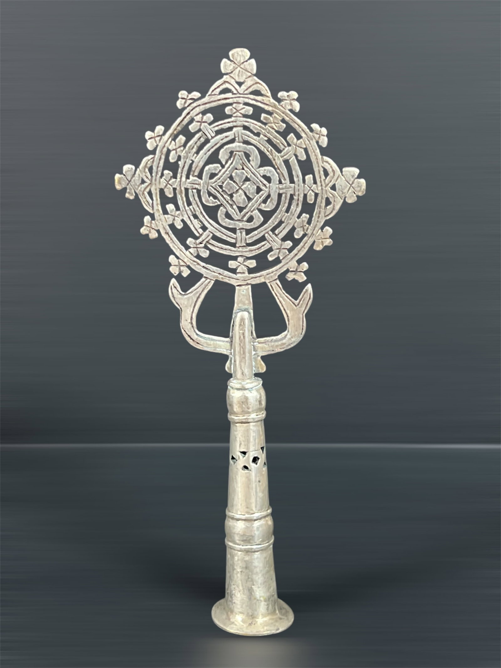 Ethiopian Processional Coptic Cross: African Tribal Art Ethiopian Processional Coptic Cross. The dimension is 8.5 inches high x 3.5 inches wide. Please be aware that some of the items are vintage, secondhand, old ages, antiques and may