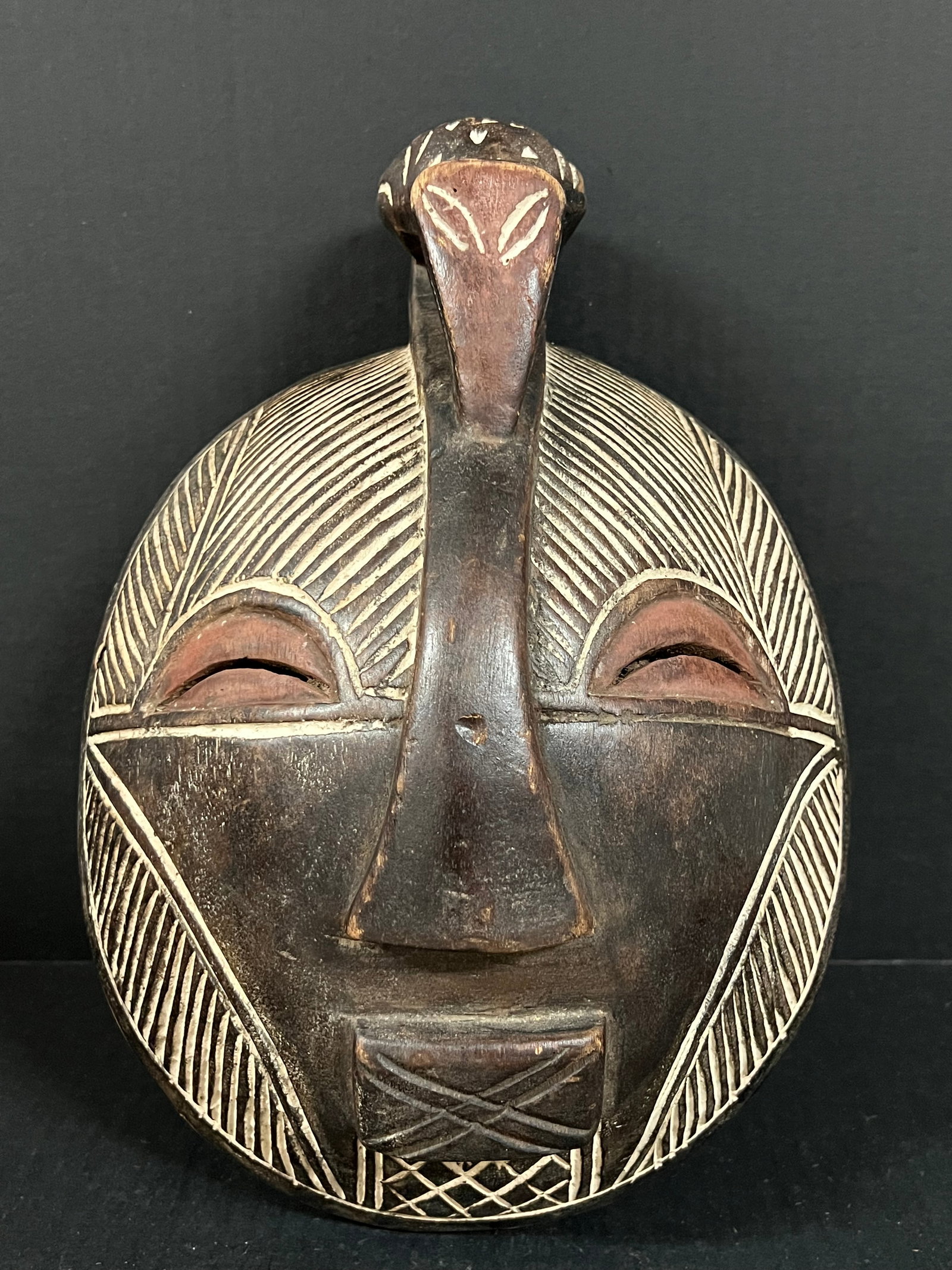 Basonge Mask: African Tribal Art Basonge Mask. The dimension is 13 inches high x 9.5 inches wide. Please be aware that some of the items are vintage, secondhand, old ages, antiques and may have a defects or sign