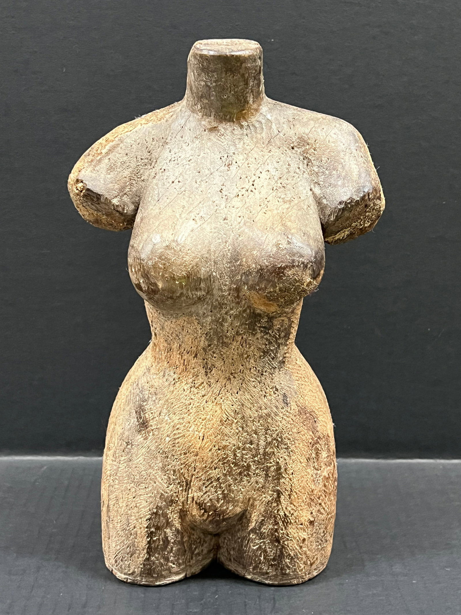 Carved Wood Mannequin - Torso: Folk Art Carved Wood Mannequin - Torso. The dimension is 12 inches high x 5 inches depth x 7 inches wide. Please be aware that some of the items are vintage, secondhand, old ages, antiques and may hav