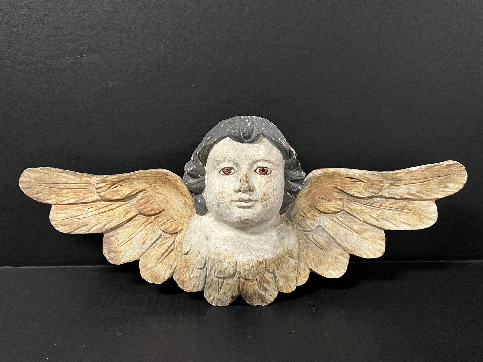 Carved Wood Angel with Long Wings: Religious Art Carved Wood Virgin Mary Statue. The dimension is 20 inches high x 8.5 inches wide. Please be aware that some of the items are vintage, secondhand, old ages, antiques and may have a defec