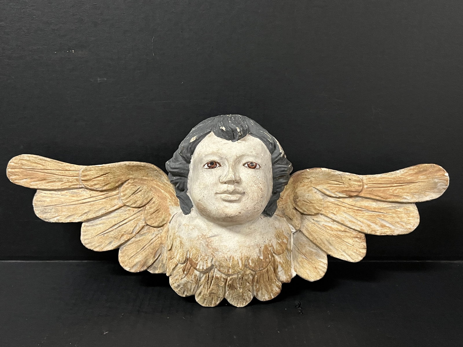 Carved Wood Angel with Long Wings: Religious Art Carved Wood Angel with Long Wings. The dimension is 8.5 inches high x 5 inches depth x 20 inches long. Please be aware that some of the items are vintage, secondhand, old ages, antiques 