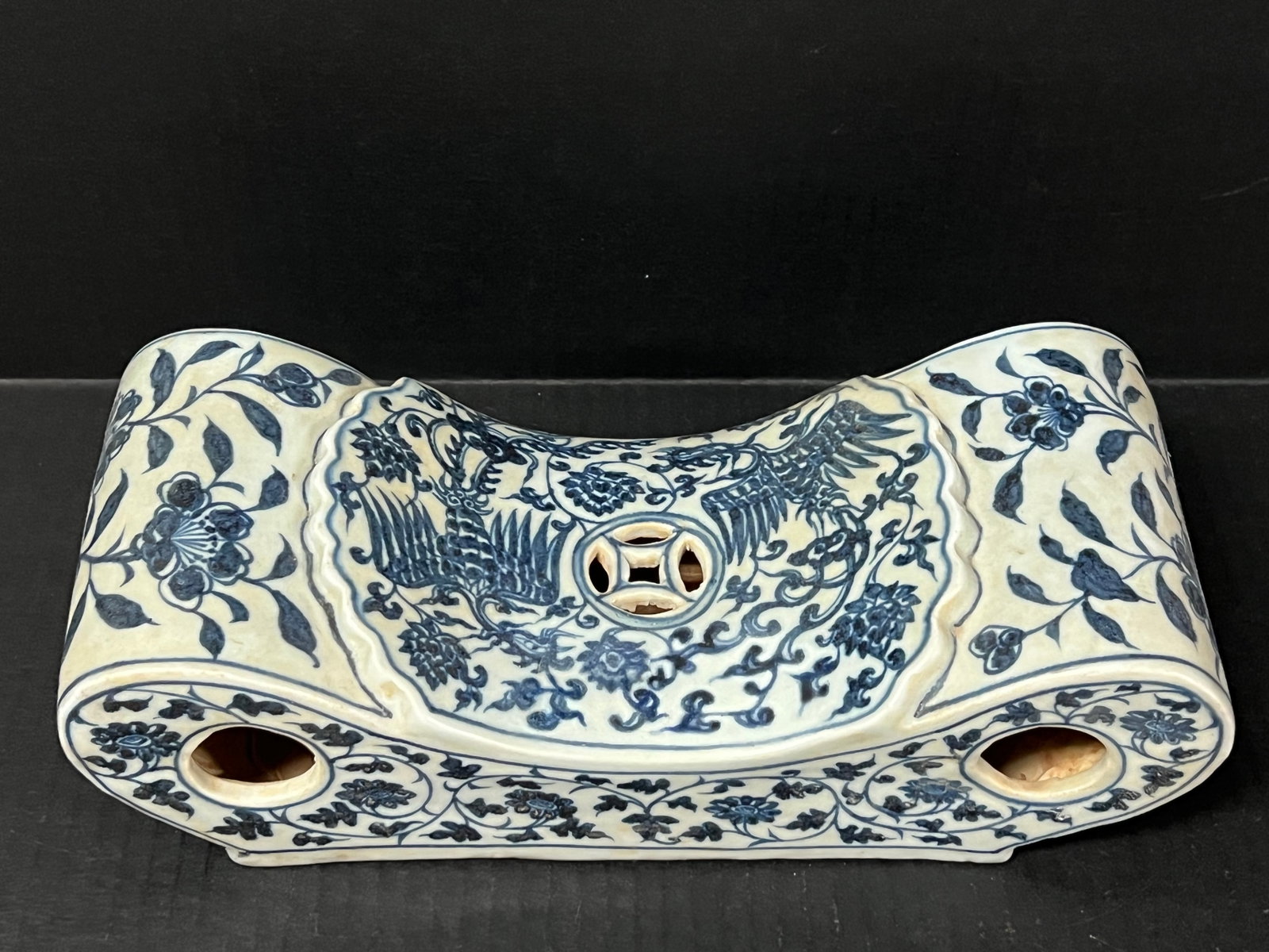 Porcelain Blue and White Pillow: Chinese Art Porcelain Blue and White Pillow. The dimension is 4 inches high x 11.75 inches wide. Please be aware that some of the items are vintage, secondhand, old ages, antiques and may have a defec