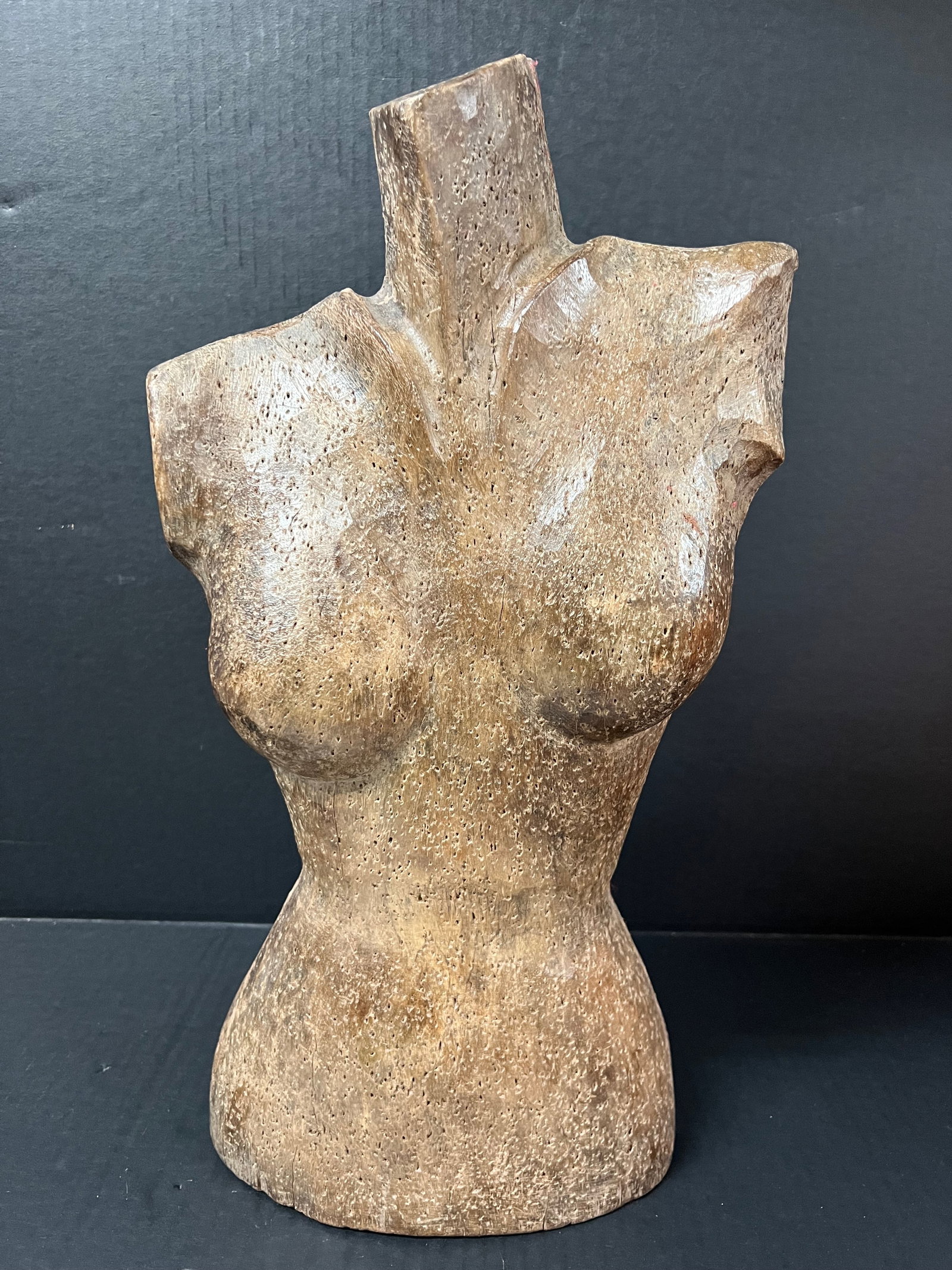 Carved Wood Female Mannequin - Torso Sculpture: Folk Art Carved Wood Female Mannequin. The dimension is 18 inches high x 3 inches depth x 10 inches wide. Please be aware that some of the items are vintage, secondhand, old ages, antiques and may hav