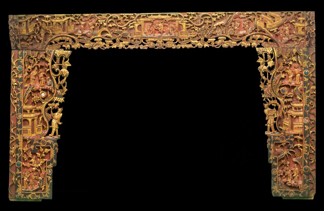 GOLD PAINT BED LINTEL, QING DYNASTY: GOLD PAINT BED LINTEL, QING DYNASTY. This item is composed of three parts.Upper lintel: Length 193cm, Width 22.5cm. Left side and right side lintel: Height 76cm, Width 30cm