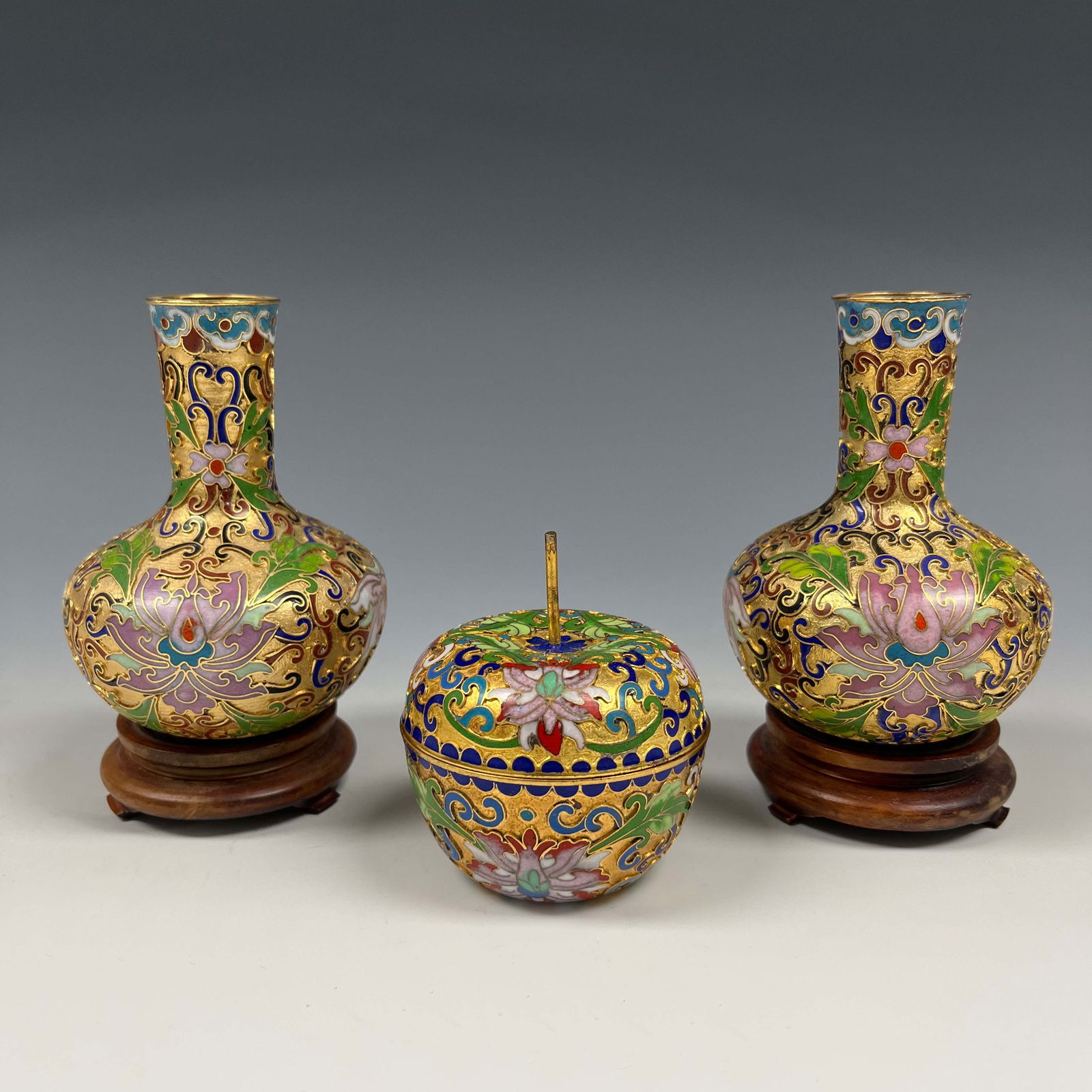 Cloisonne Floral Apple Trinket Dish, Pair of Cloisonne Enamel Flower vases (1 of 3)