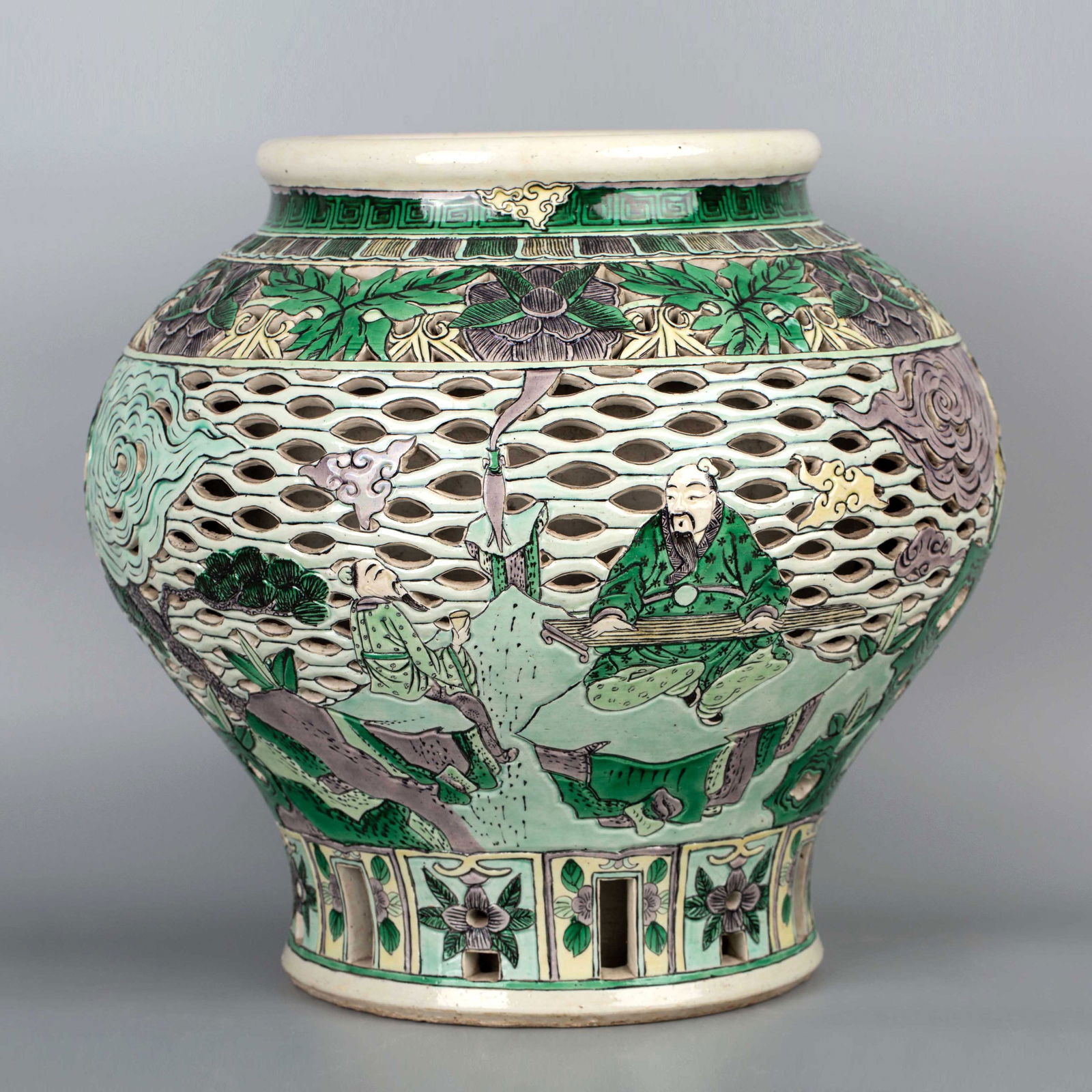 Colorful Travertine, Hollow Carved Jar, 19th Century: Colorful Travertine, Hollow Carved Jar, 19th Century. H 53cm, W 47cm, L 37cm