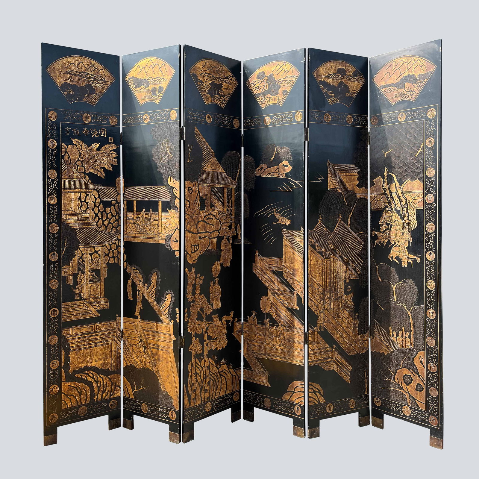 Antique Chinese Double-sided Lacquer Screen (six pieces), 19th to 20th Century (1 of 2)