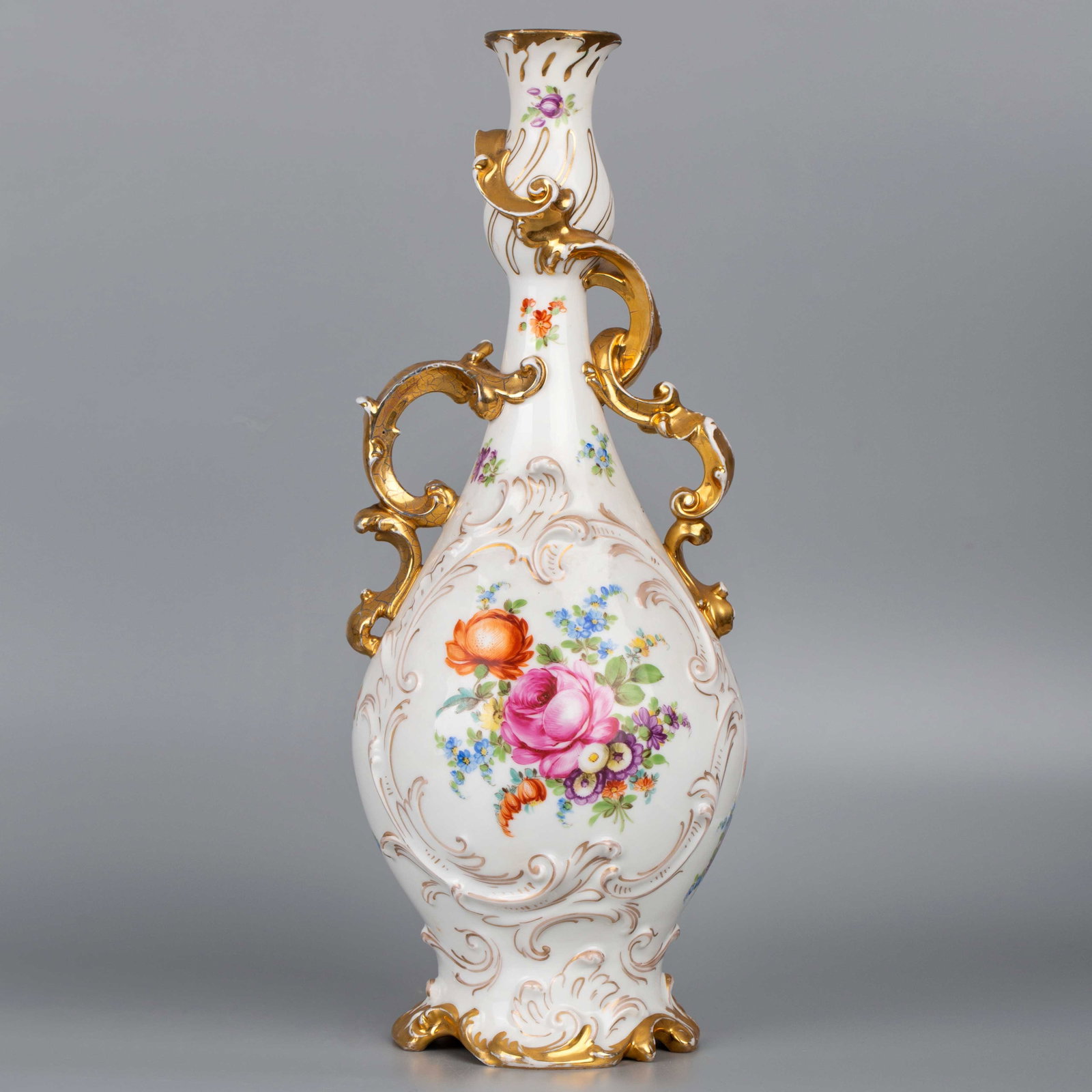 Meissen Porcelain Hand Painted Gilt Vase: Meissen Porcelain Hand Painted Gilt Vase. H 37.5cm, W 15cm, D 13cm. Collection of Actress Irena Habrowska-Jellaczyc 's Estate. Irena was a graduate of the State Theatrical Academy in Lodz. She studied