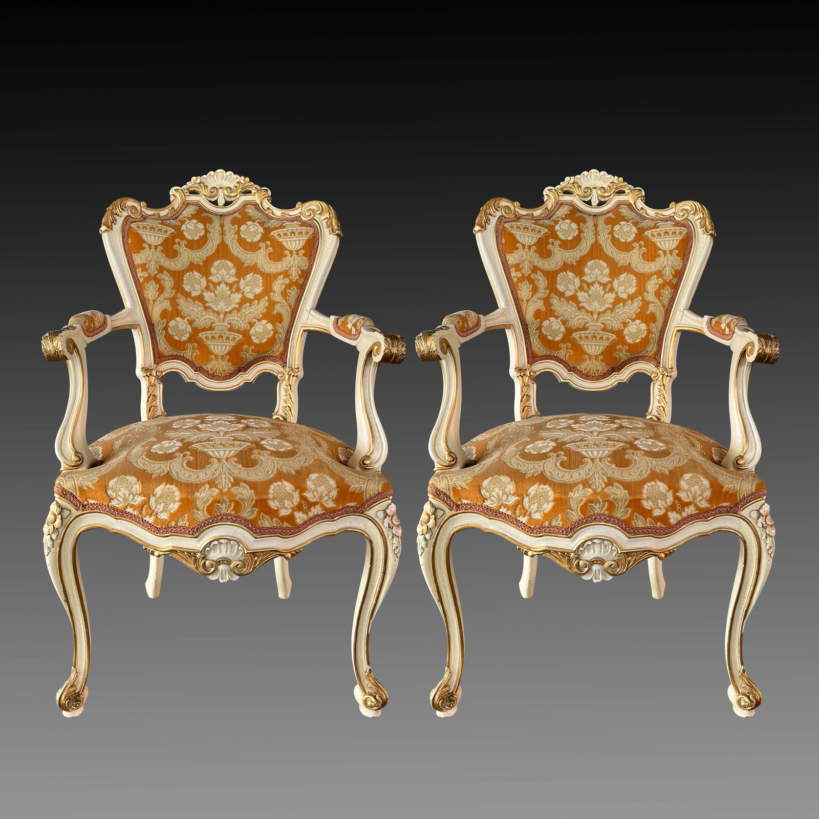 Pair French Antique Louis XV Gold Gilt Accent Arm Chairs White Tapestry Rococo (1 of 2)