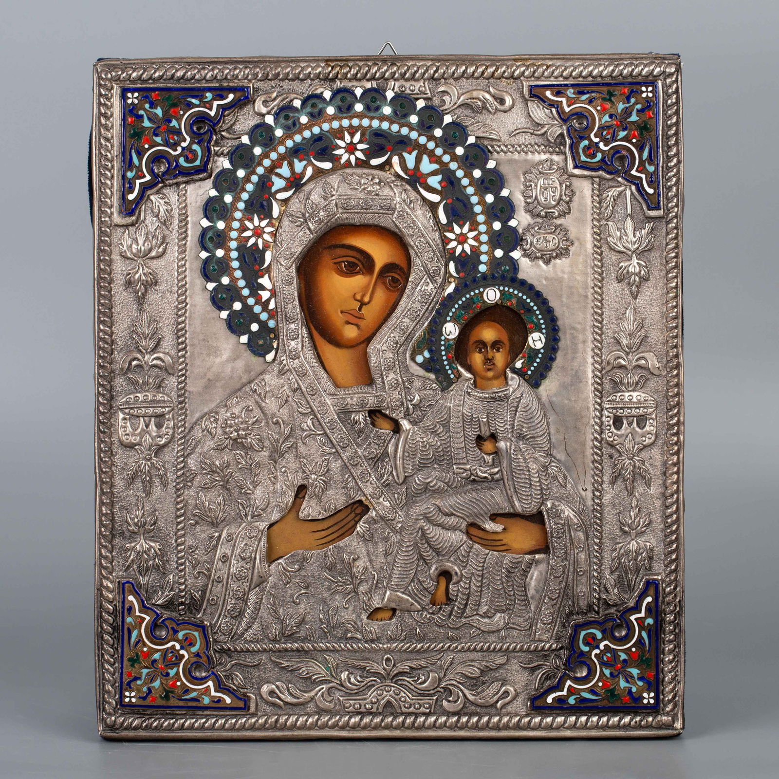 Russian Religious Icon Of Our Lady and Christ. Silver repose and cloisonne decoration (1 of 4)