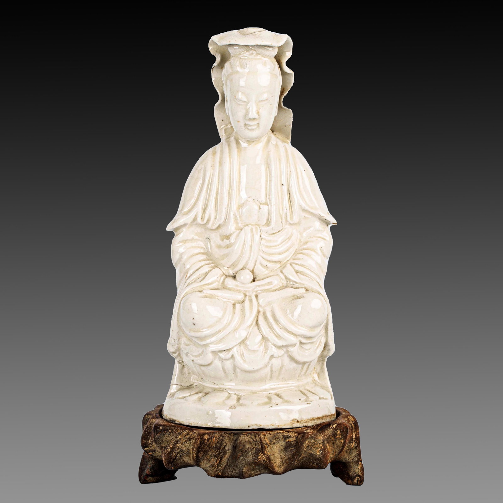 White porcelain Guanyin figure, 19th century: White porcelain Guanyin figure, 19th century. Size with base: H 23.5cm, W 12cm
