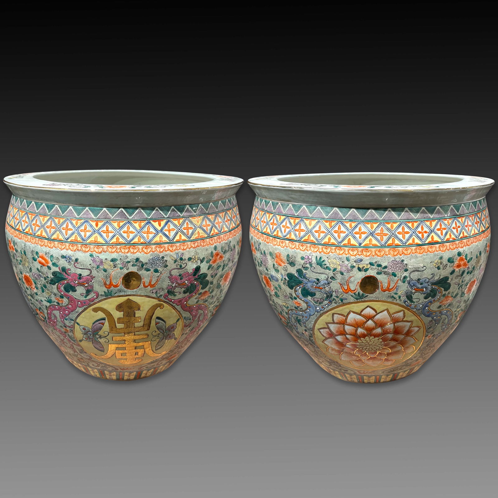 Famille rose dragon pattern hundred floral fish tank, 20th century (1 of 4)