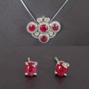 Burmese Ruby Diamond Pendant and Earrings