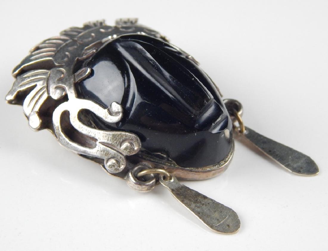 MEXICAN STERLING  AND OBSIDIAN FIGURAL BROOCH (1 of 5)